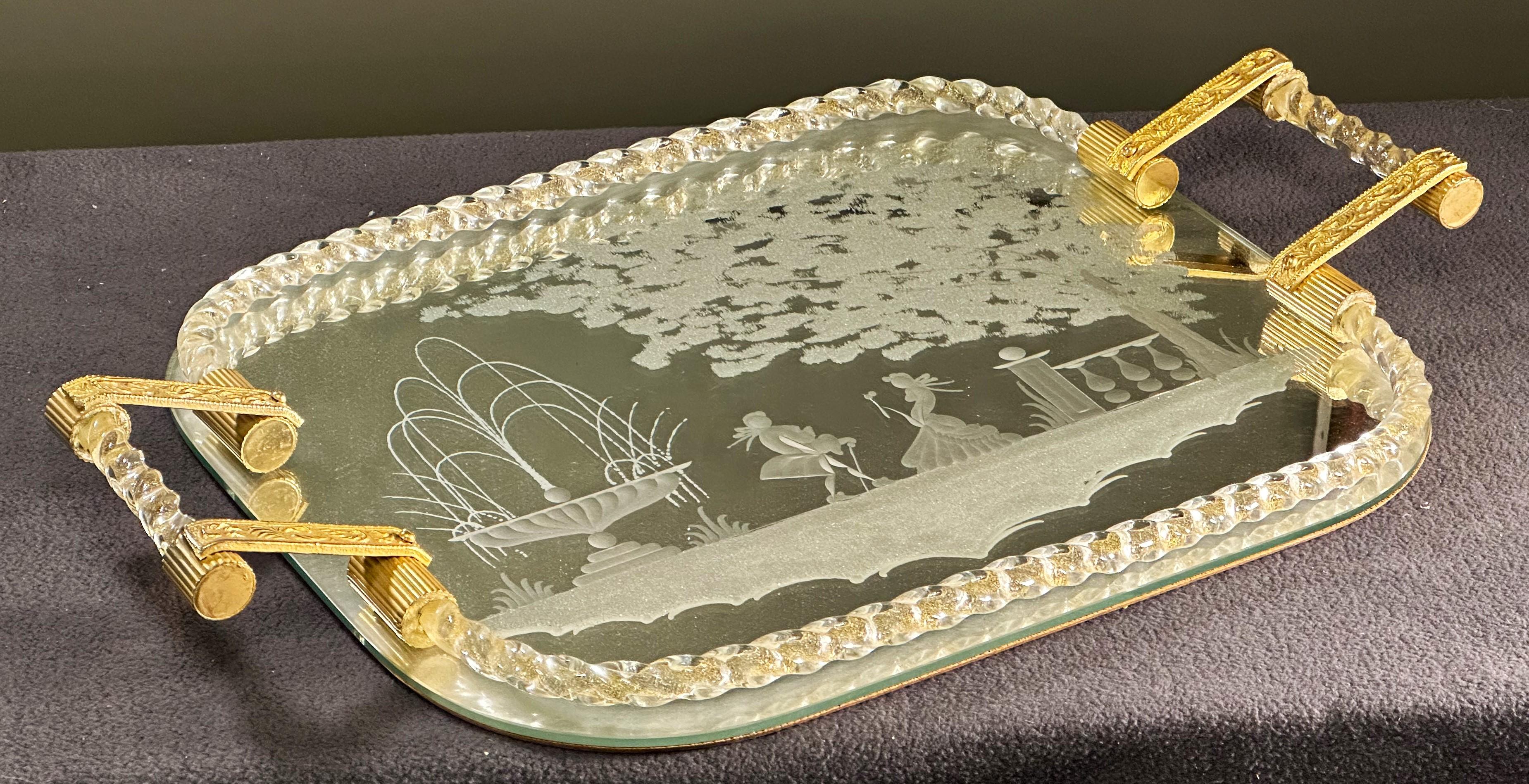 Großes graviertes Murano-Spiegel-Tablett aus der Jahrhundertmitte, Italien 1960 im Angebot 12