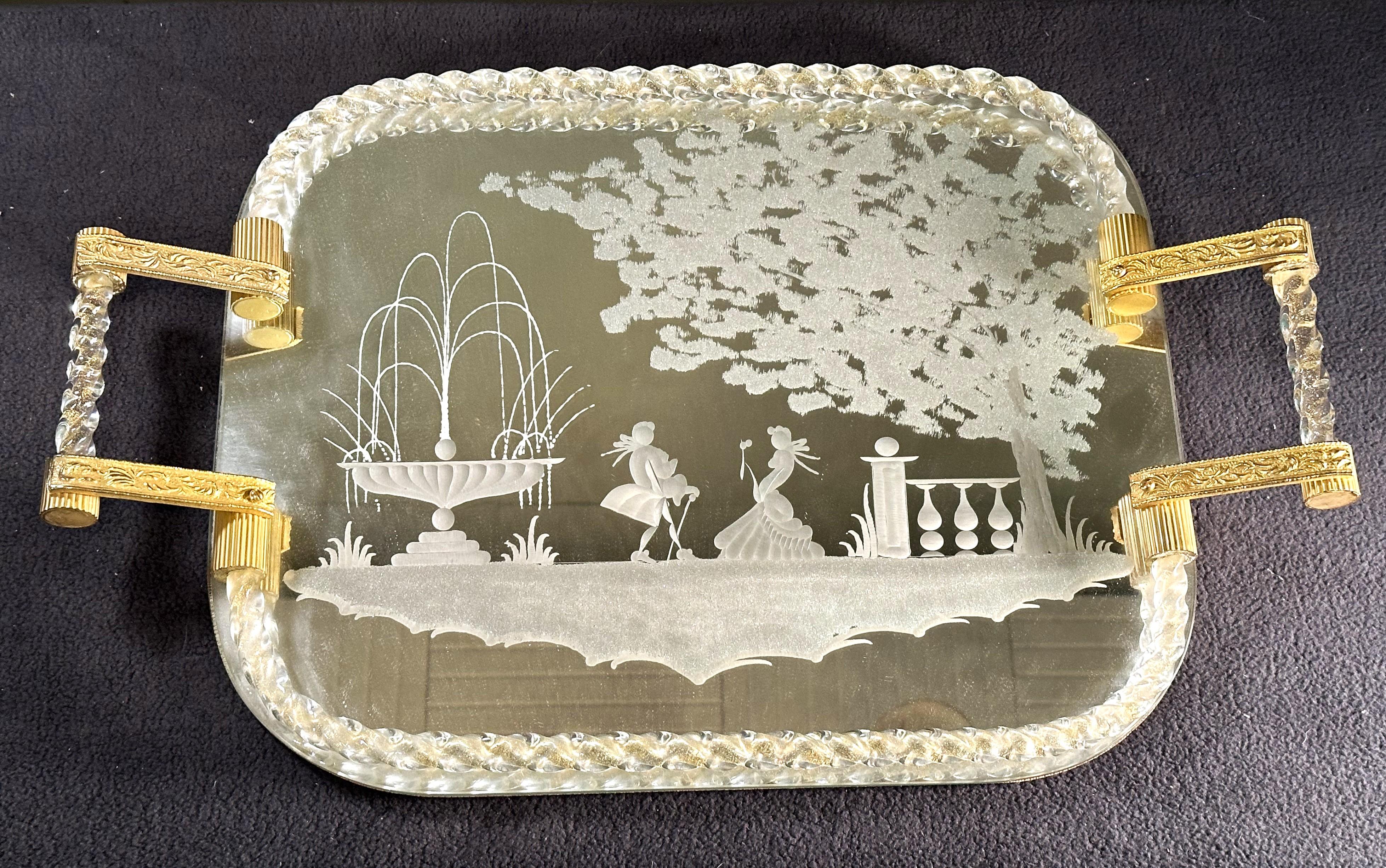 Mid-Century Modern Mid-Century large engraved Murano Glass Mirror Tray, Italy 1960 For Sale