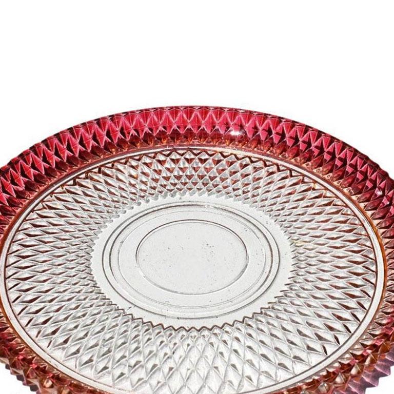 A large heavy round flashed cranberry glass serving tray. After Kings Crown or Tiffan, This Mid-Century beauty will be a fabulous addition to your next dinner party. Use it on a table to serve crudités, and fruit or display a selection of cheese.