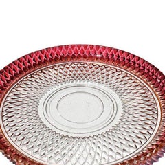 Mid Century Large Flashed Cranberry Glass Serving Tray in Pink Diamond Pattern