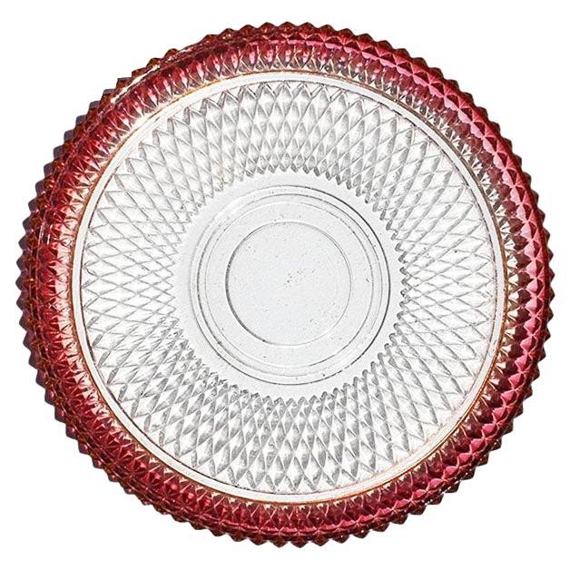 Mid Century Large Flashed Cranberry Glass Serving Tray in Pink Diamond Pattern For Sale