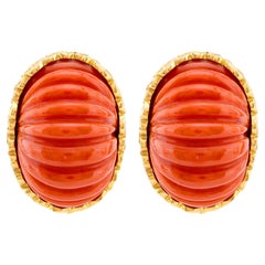 Mid Century Large Fluted Coral 18K Yellow Gold Earrings