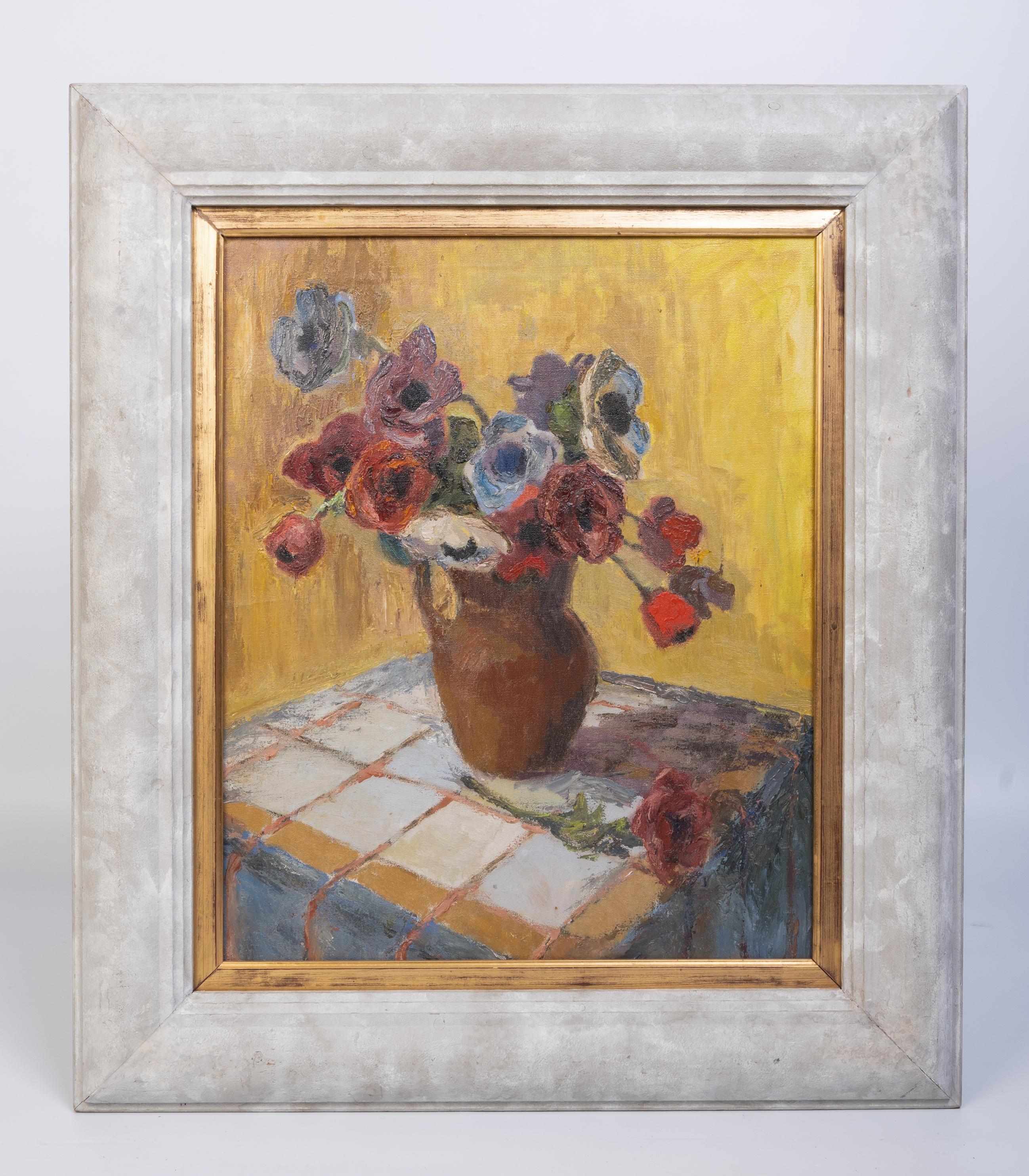 Huile sur toile de l'école française encadrée Nature morte aux fleurs C.C. 1950
Représentation d'un bouquet d'anémones dans une cruche en terre cuite.

En très bon état, compte tenu de l'âge. Conserver une belle couleur vive.

Dimensions, y compris