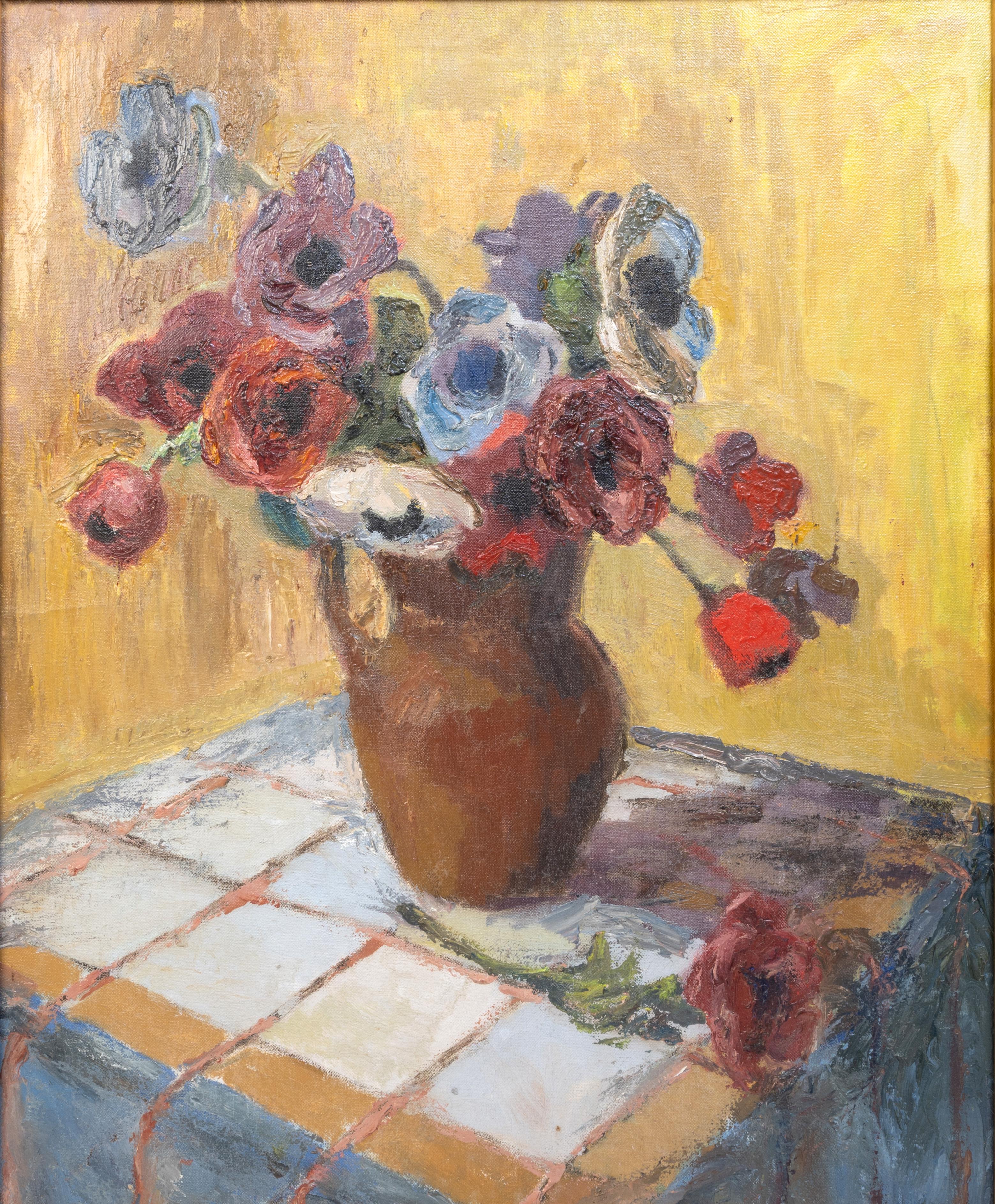 Français Grande école française encadrée, huile sur toile, natures mortes et fleurs, vers 1950 en vente