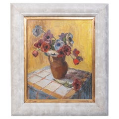 Mid Century Large Framed French School Oil On Canvas Still Life Flowers C.1950