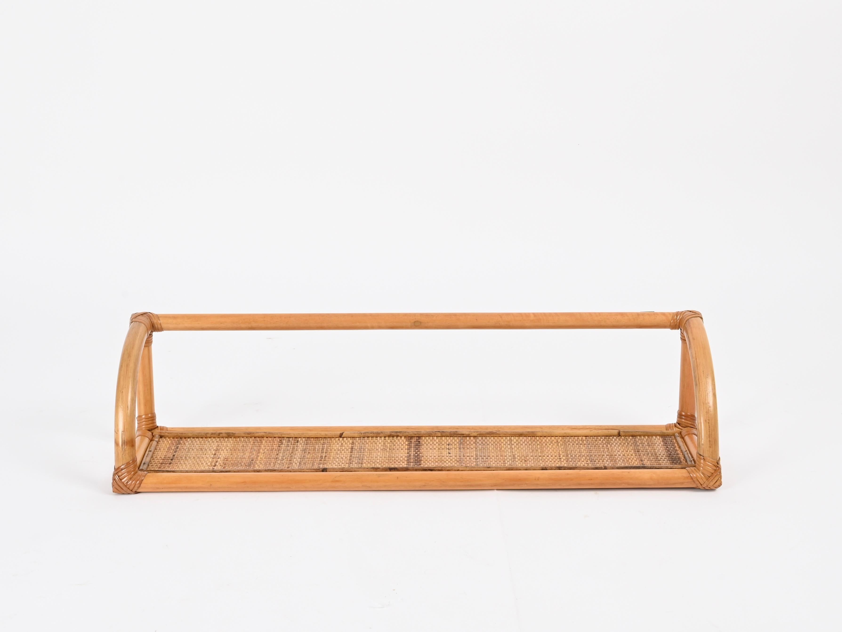 XX secolo Mid-Century Large French Riviera Shelf in Bamboo, Rattan and Wicker, Italy 1970s in vendita