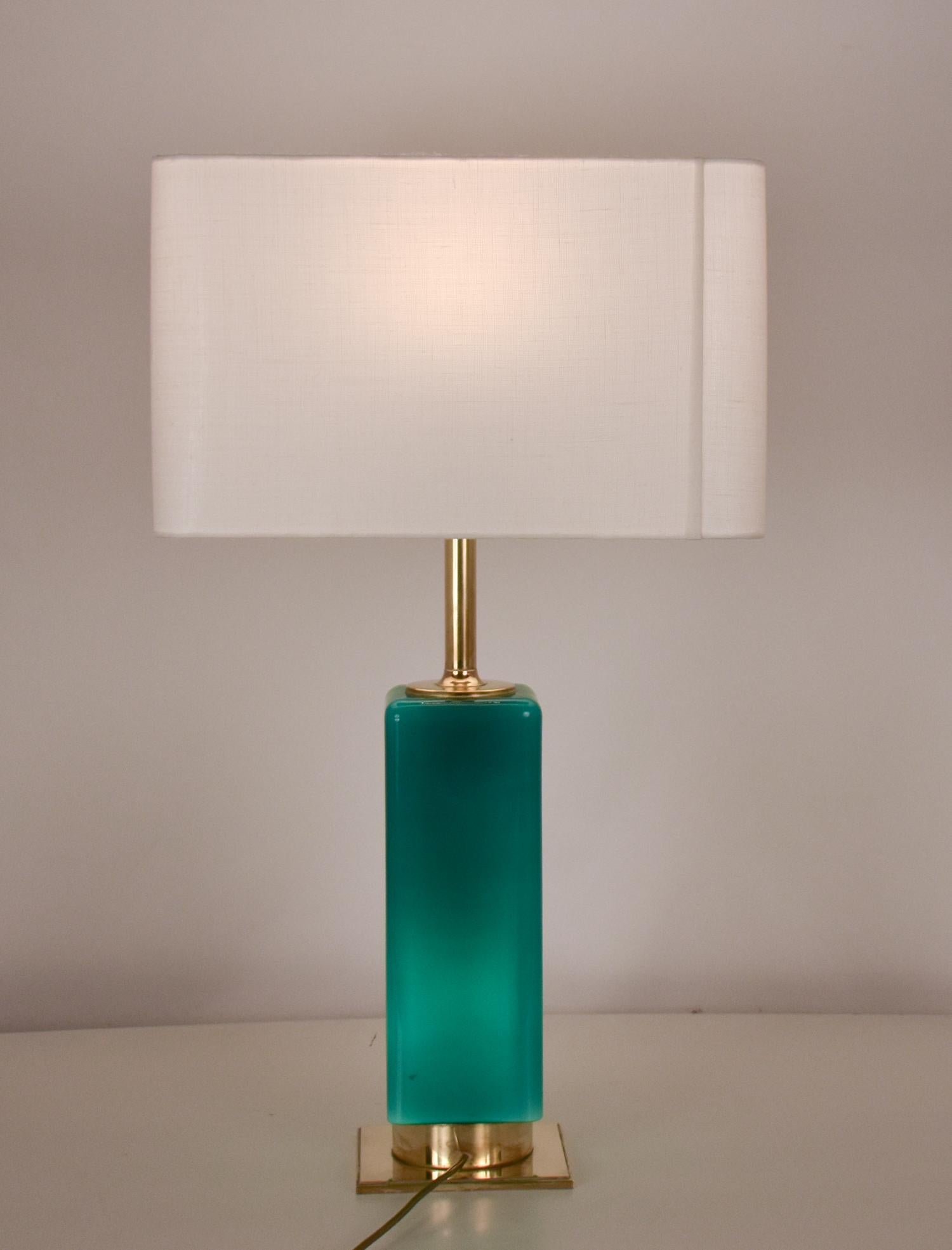 Mid- Century Large Green Glass and Brass Table Lamp Metalarte, Spain, 1970's 4