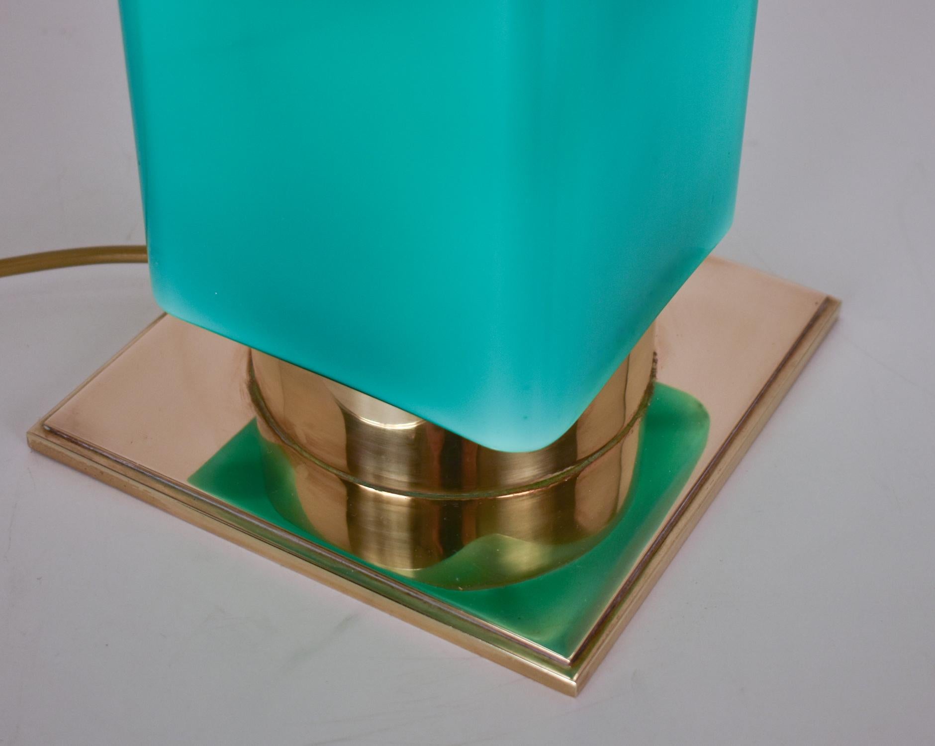 Mid- Century Large Green Glass and Brass Table Lamp Metalarte, Spain, 1970's 5