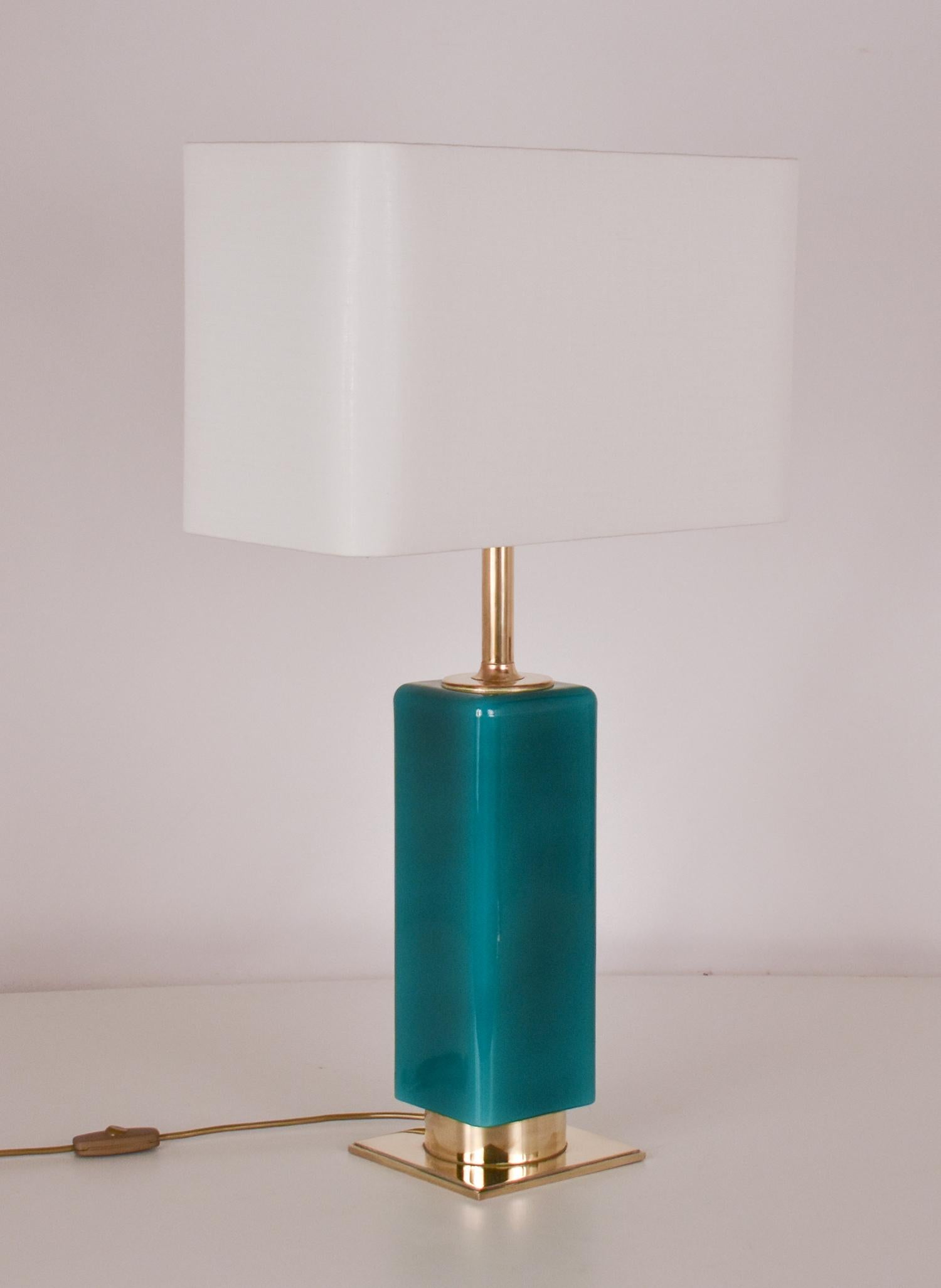 Mid- Century Large Green Glass and Brass Table Lamp Metalarte, Spain, 1970's 6