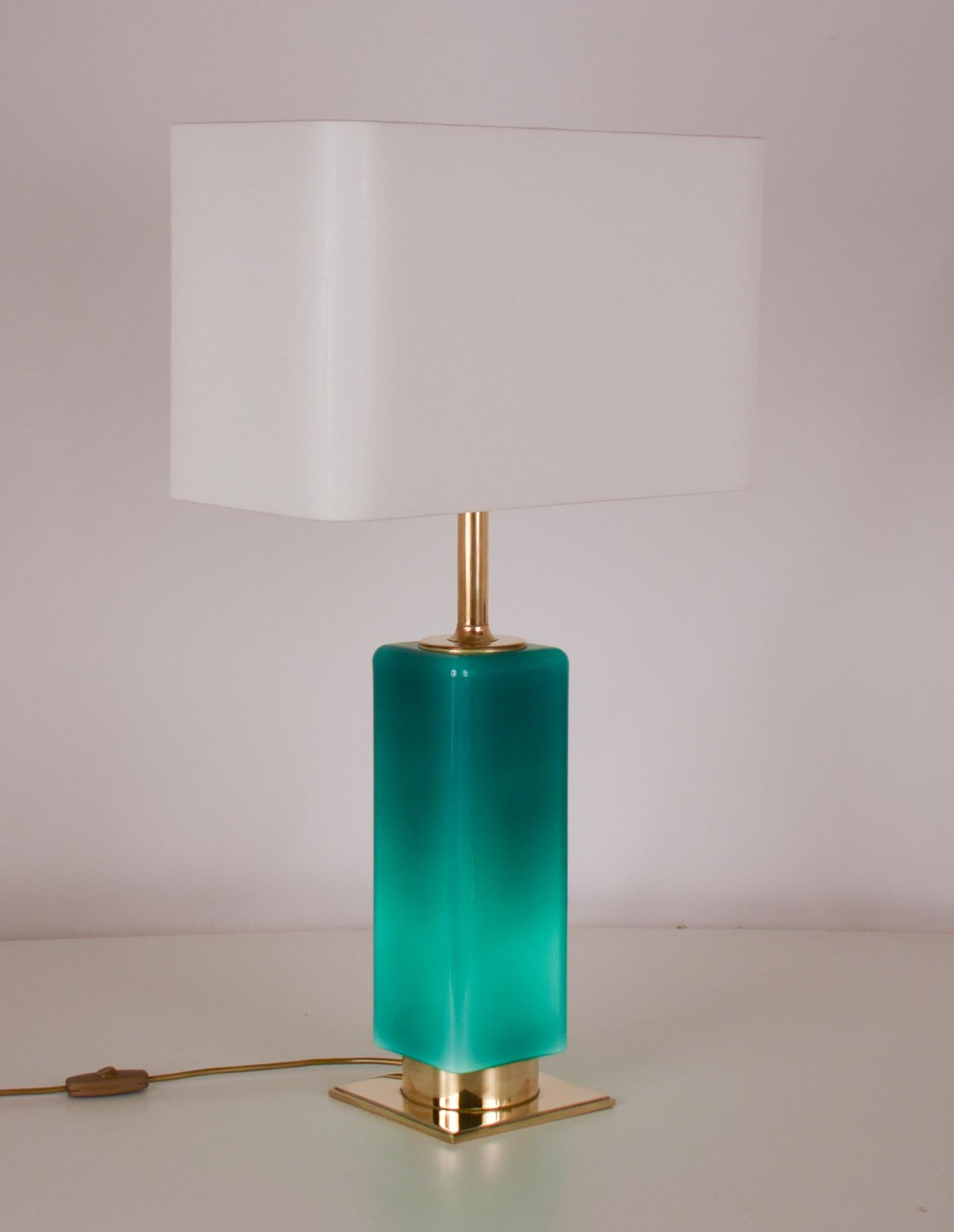 Mid- Century Large Green Glass and Brass Table Lamp Metalarte, Spain, 1970's 7