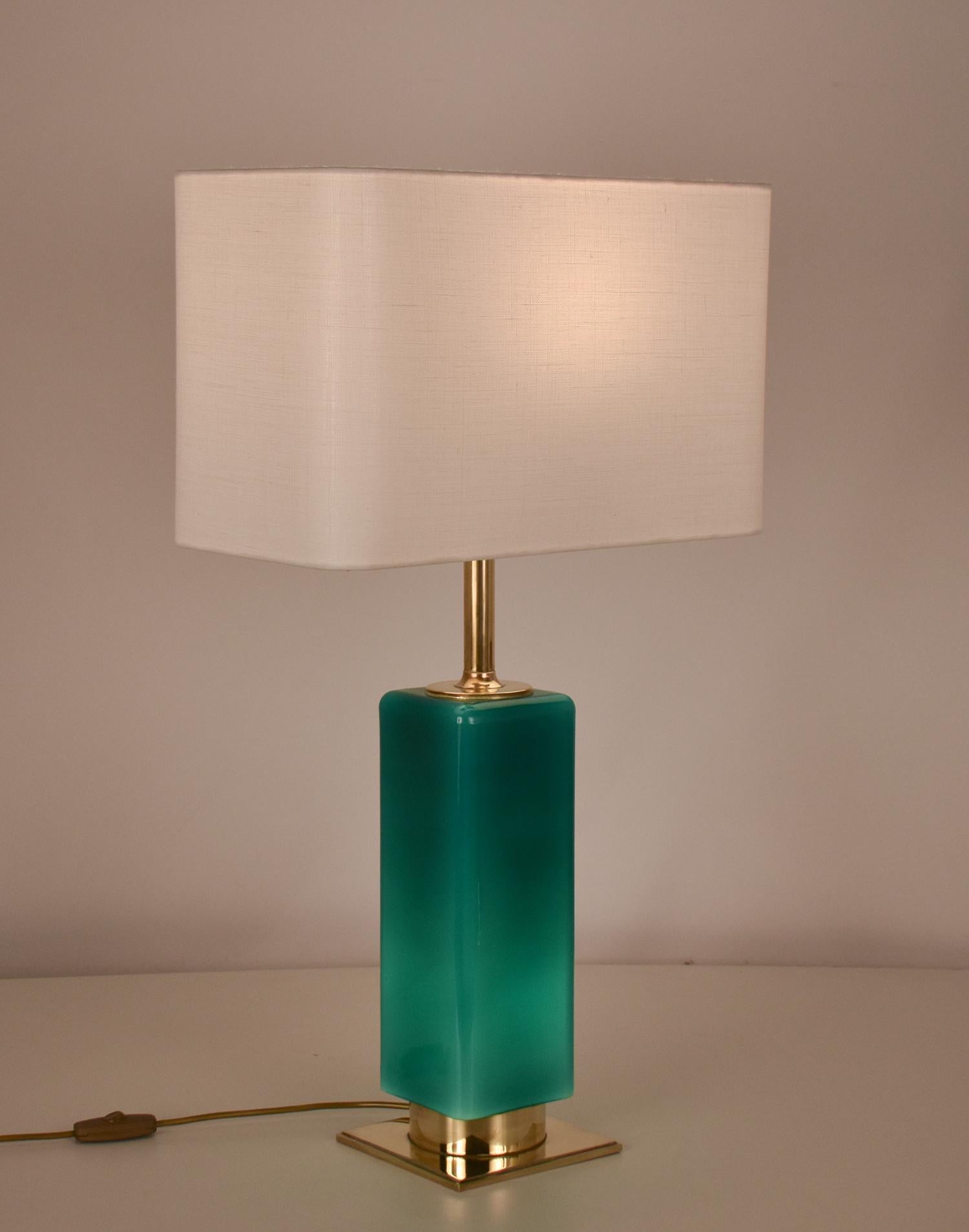Mid- Century Large Green Glass and Brass Table Lamp Metalarte, Spain, 1970's 8