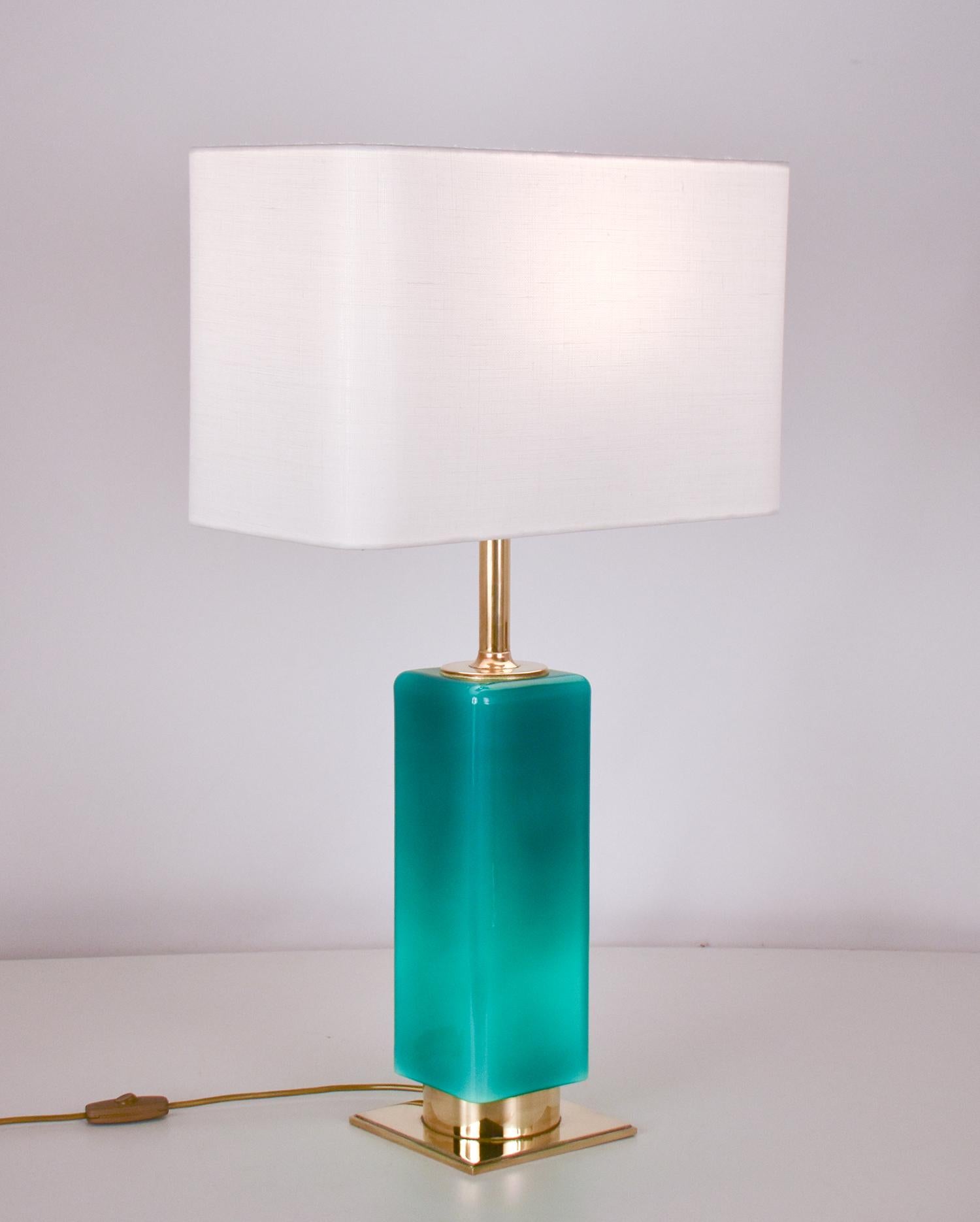 Mid- Century Large Green Glass and Brass Table Lamp Metalarte, Spain, 1970's 9