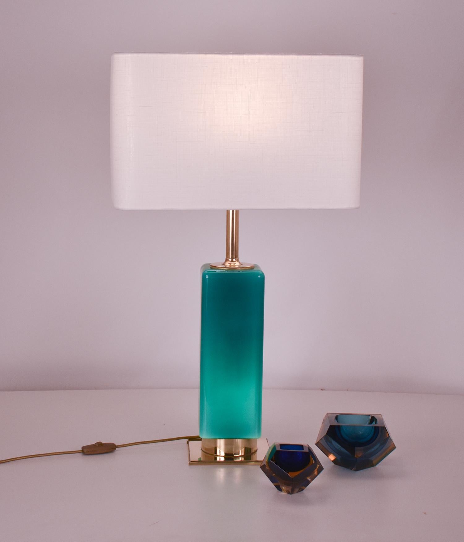 Mid- Century Large Green Glass and Brass Table Lamp Metalarte, Spain, 1970's 10