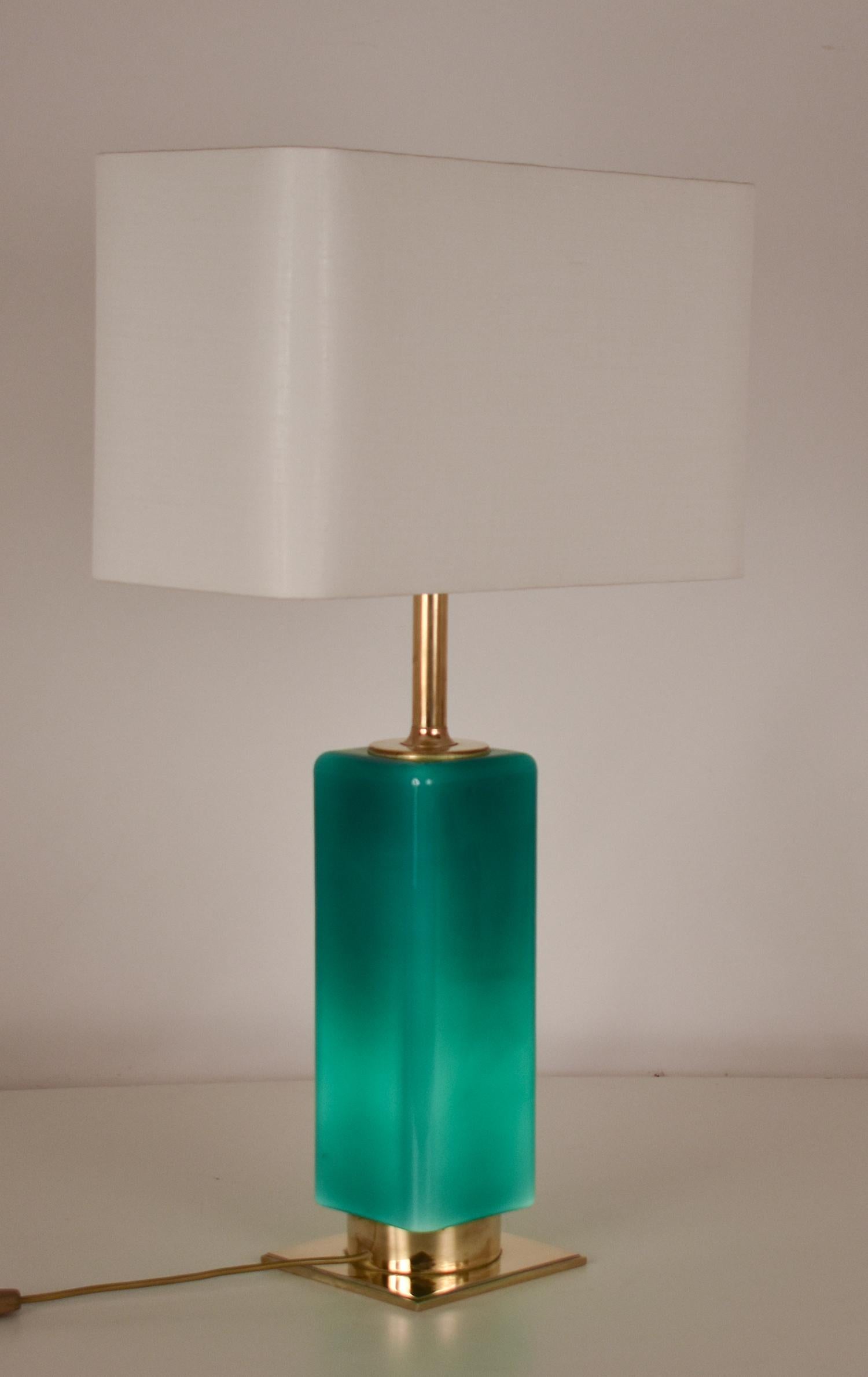 Mid-Century Modern Mid- Century Large Green Glass and Brass Table Lamp Metalarte, Spain, 1970's For Sale