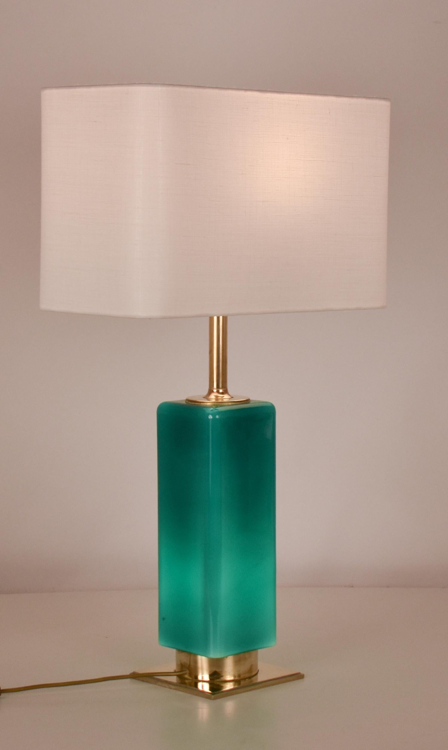 Spanish Mid- Century Large Green Glass and Brass Table Lamp Metalarte, Spain, 1970's For Sale