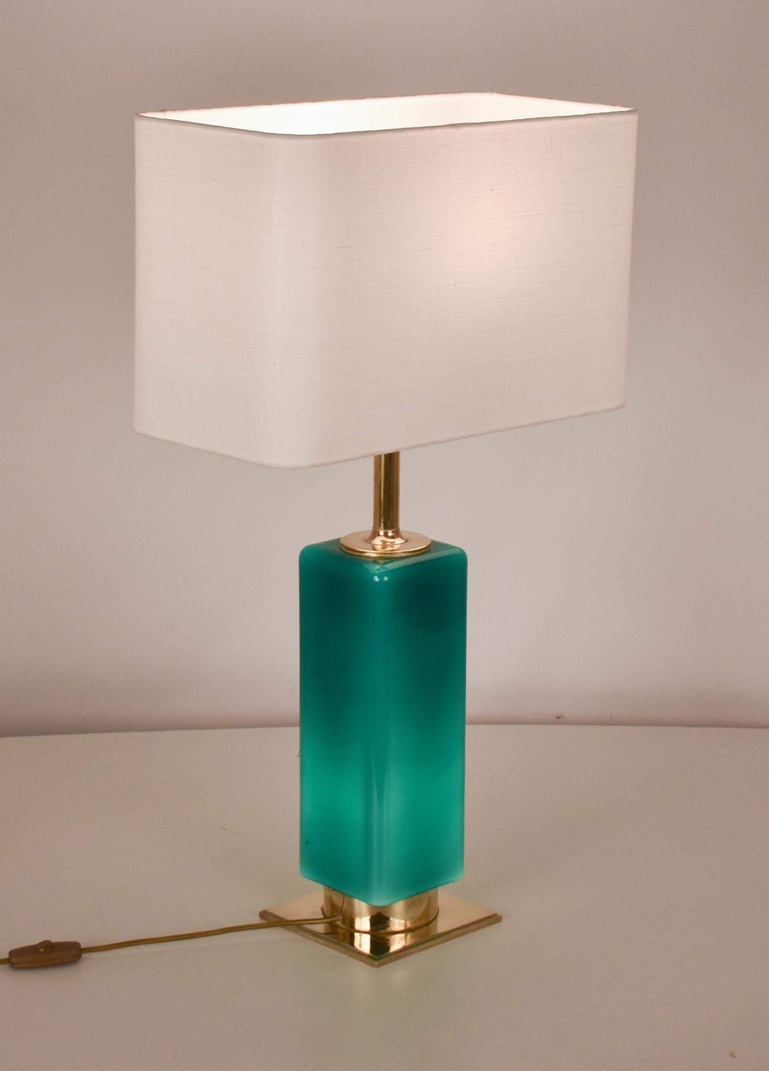 Late 20th Century Mid- Century Large Green Glass and Brass Table Lamp Metalarte, Spain, 1970's For Sale