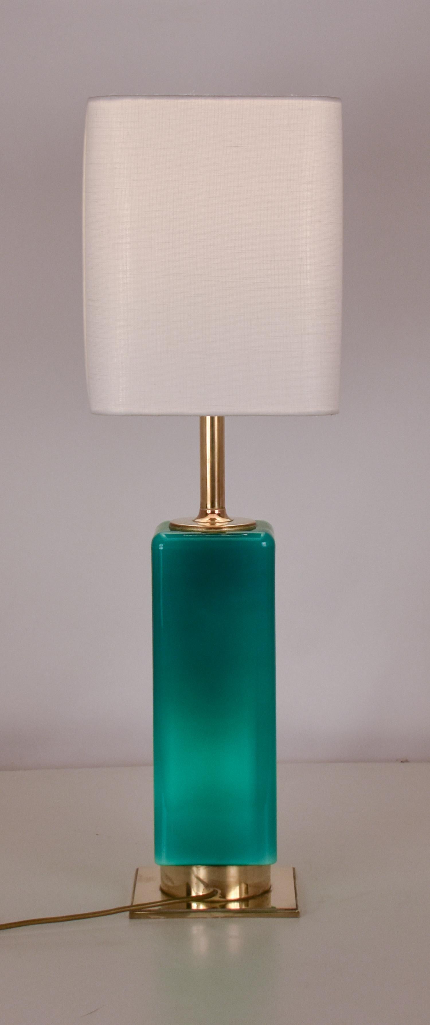 Mid- Century Large Green Glass and Brass Table Lamp Metalarte, Spain, 1970's 1