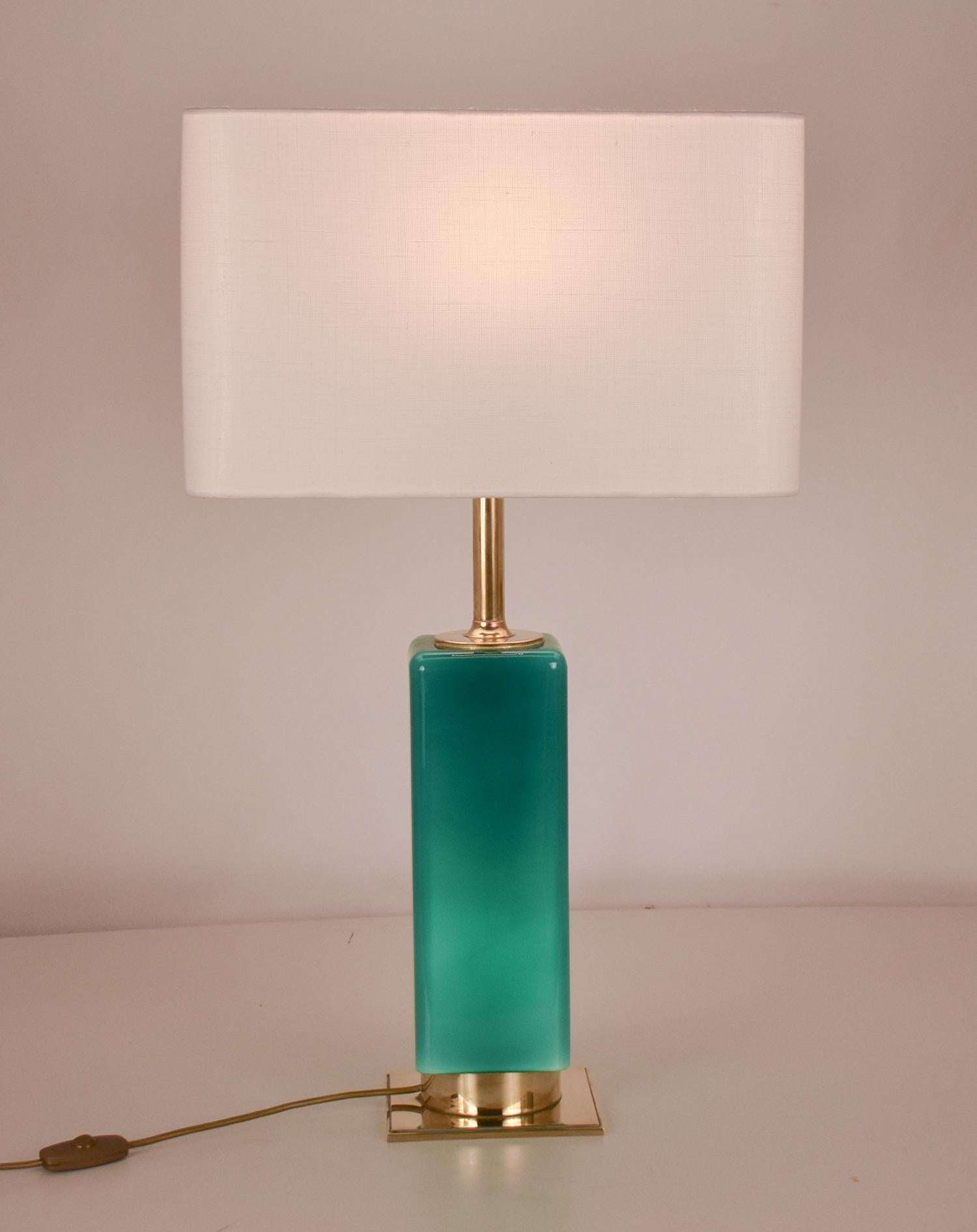 Mid- Century Large Green Glass and Brass Table Lamp Metalarte, Spain, 1970's 2