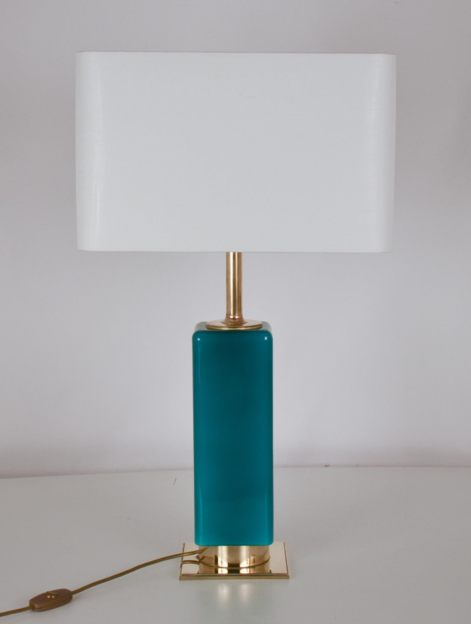 Mid- Century Large Green Glass and Brass Table Lamp Metalarte, Spain, 1970's 3
