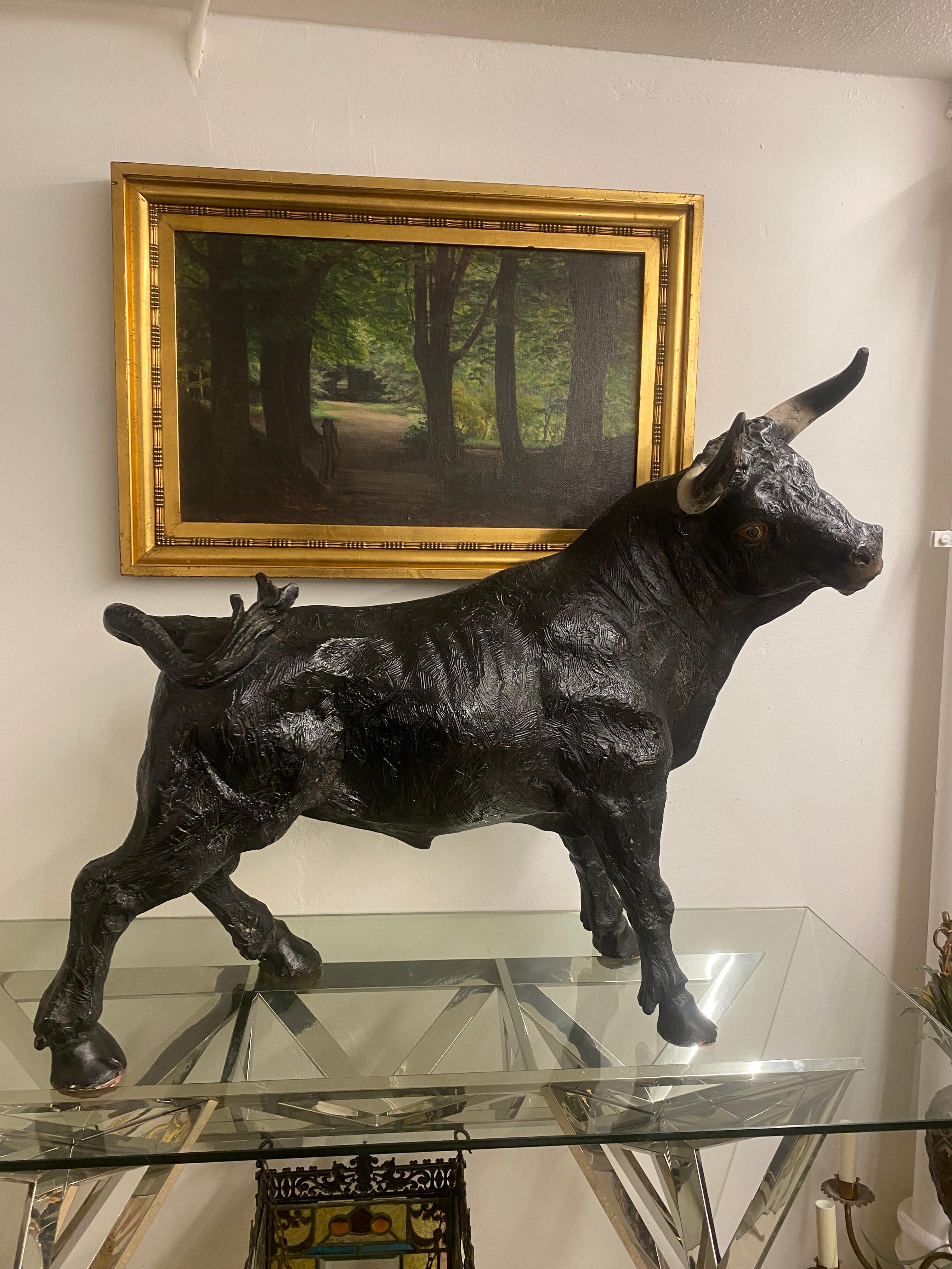 Mid-Century Large Hand-Crafted Plaster Sculpture of a Bull, Portuguese For Sale 1