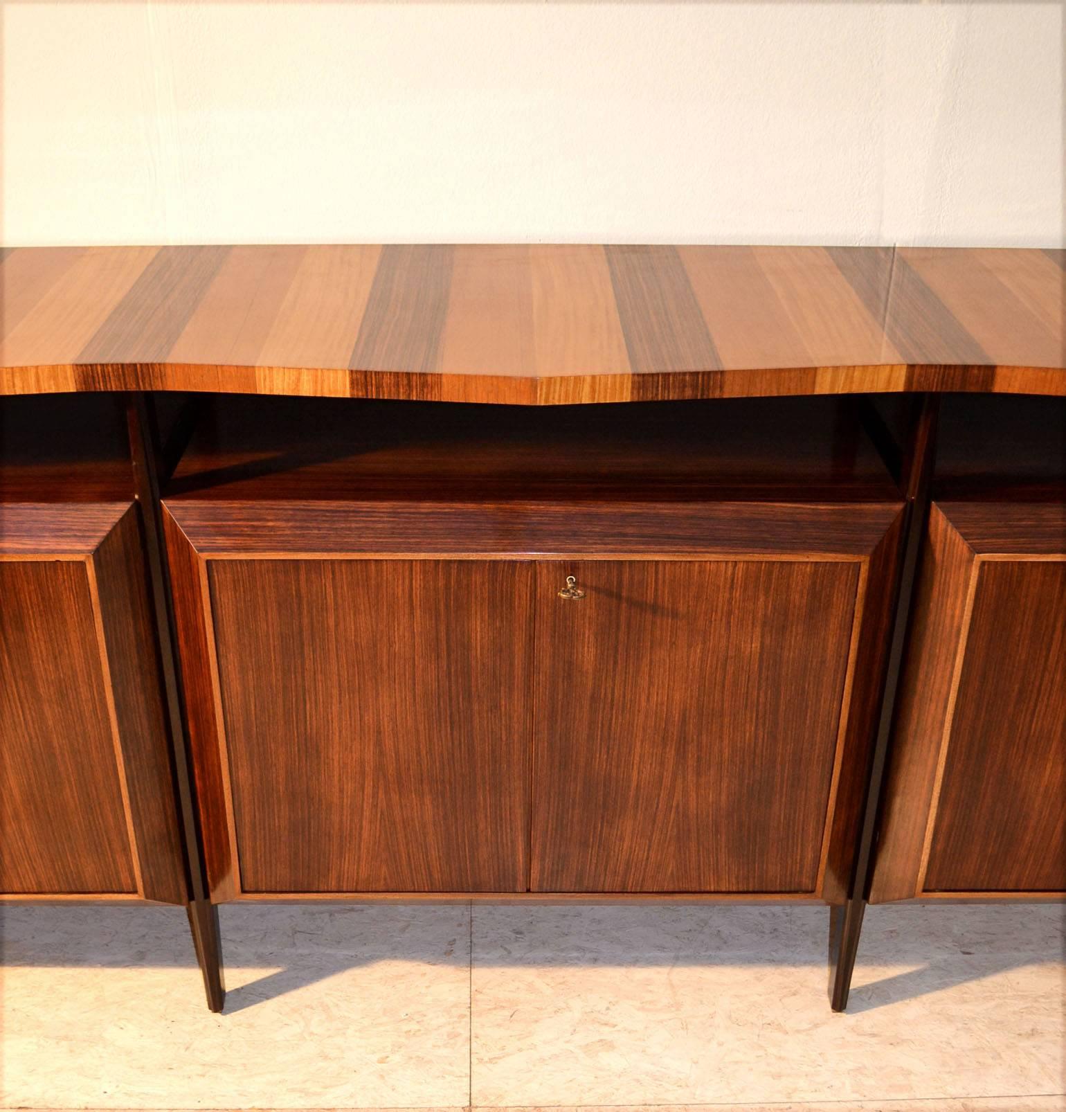 Mid-Century Modern Midcentury Large Italian Credenza in Three Sections Indian Cherry and Rosewood