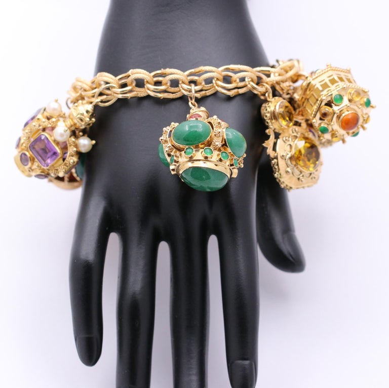 Midcentury Large Italian Gold Charm Bracelet with Assorted Colored ...