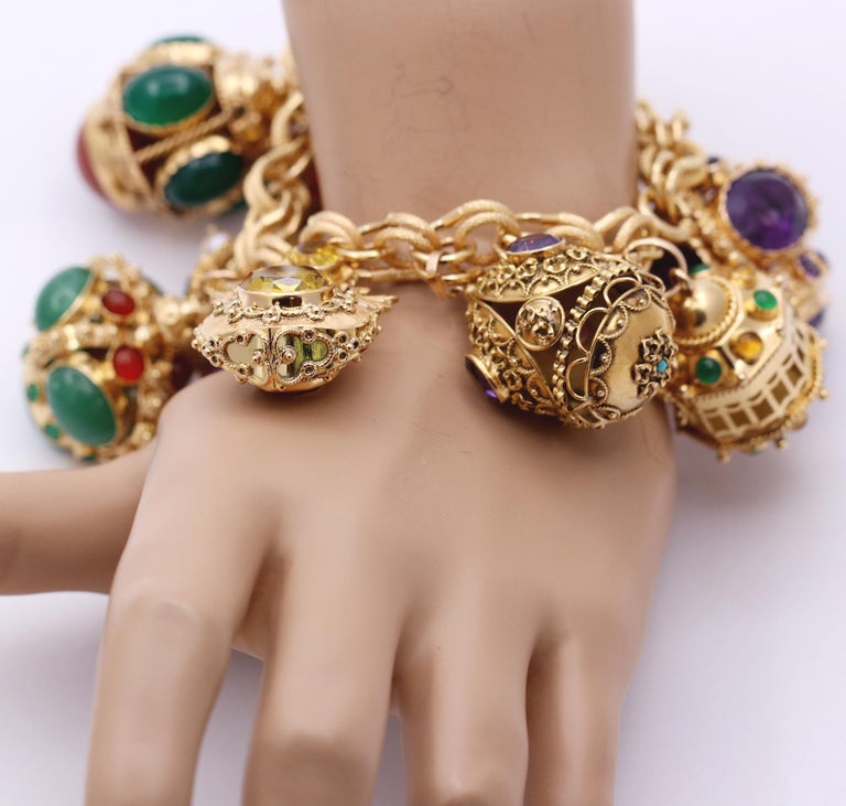 Midcentury Large Italian Gold Charm Bracelet with Assorted Colored
