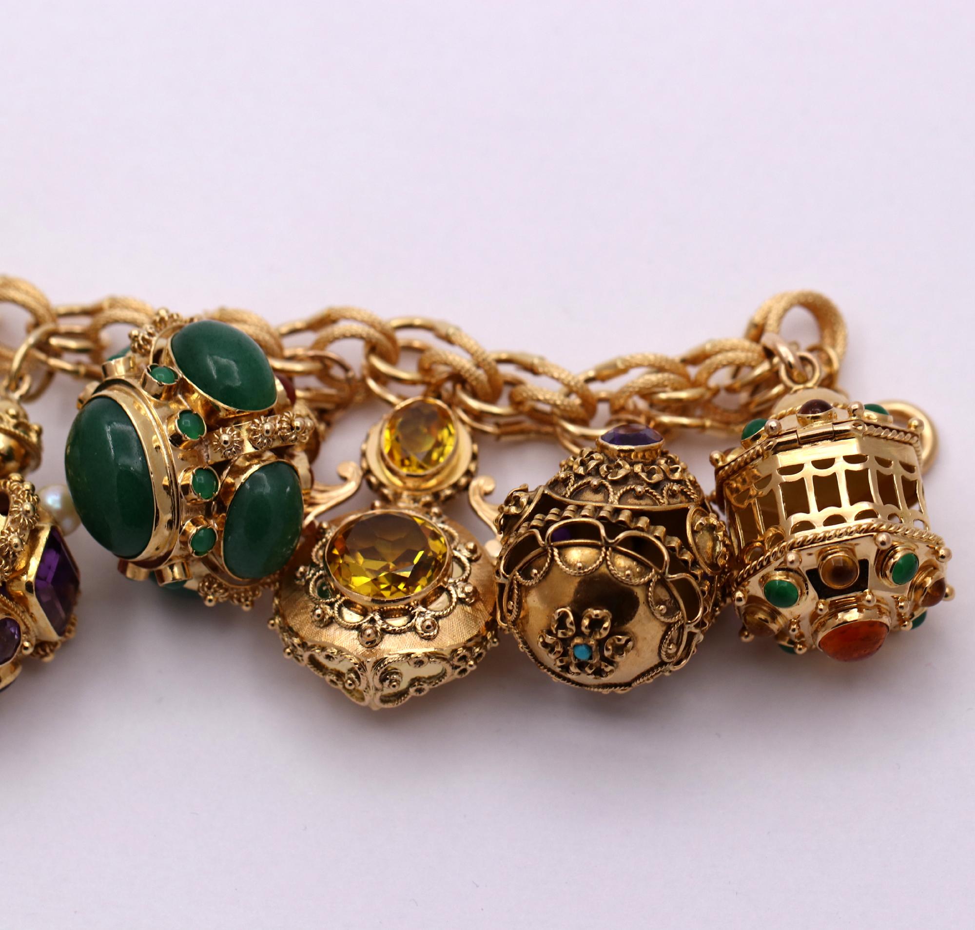 Midcentury Large Italian Gold Charm Bracelet with Assorted Colored Stones In Good Condition In Palm Beach, FL