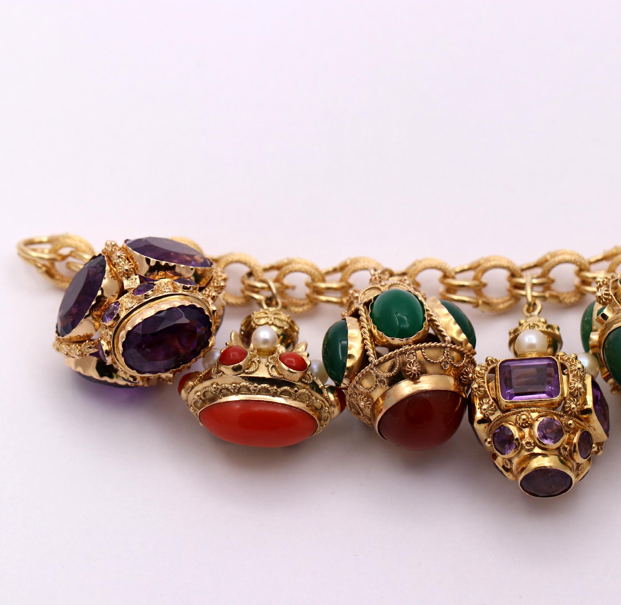 Women's Midcentury Large Italian Gold Charm Bracelet with Assorted Colored Stones