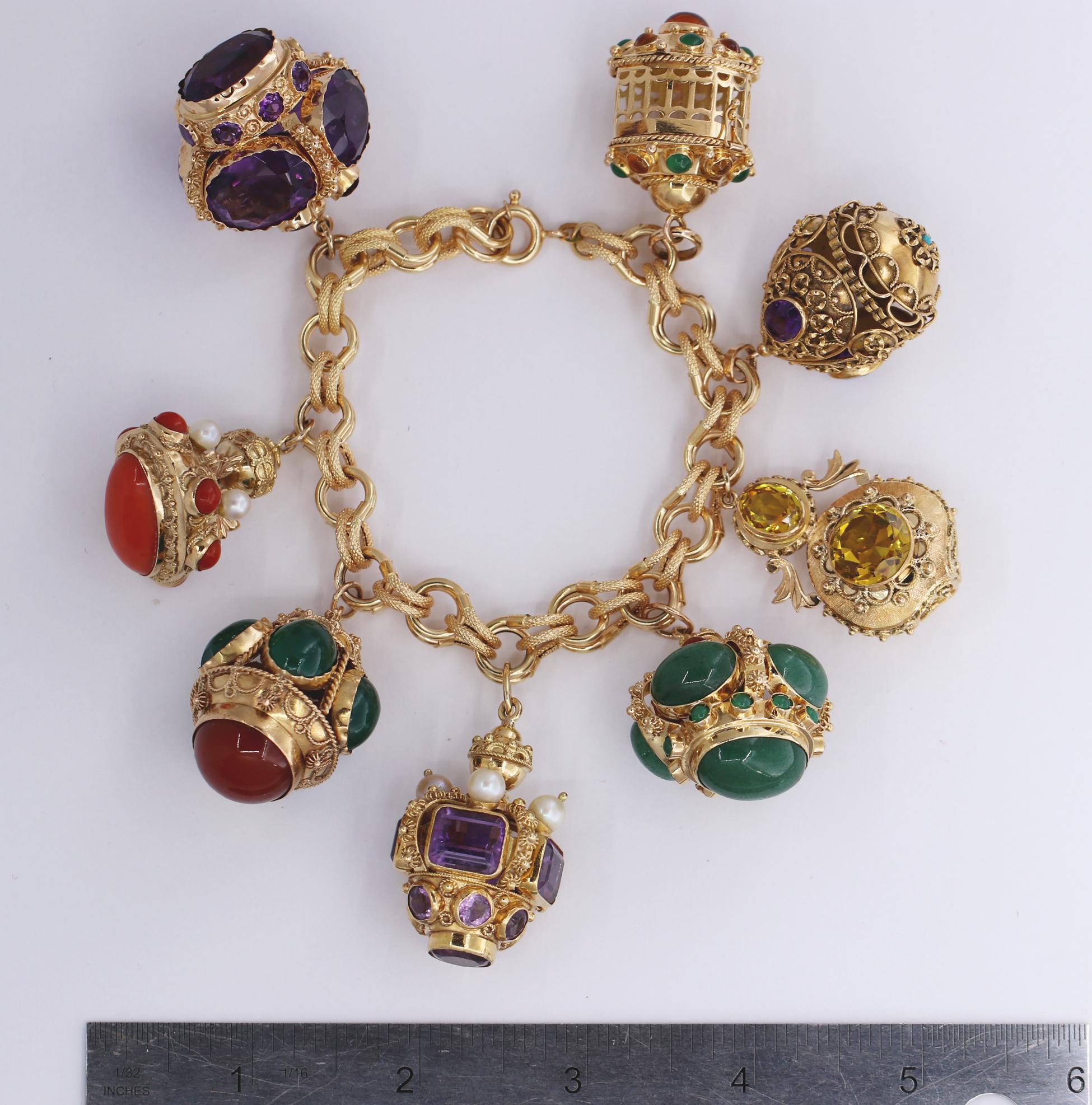 Midcentury Large Italian Gold Charm Bracelet with Assorted Colored Stones 1