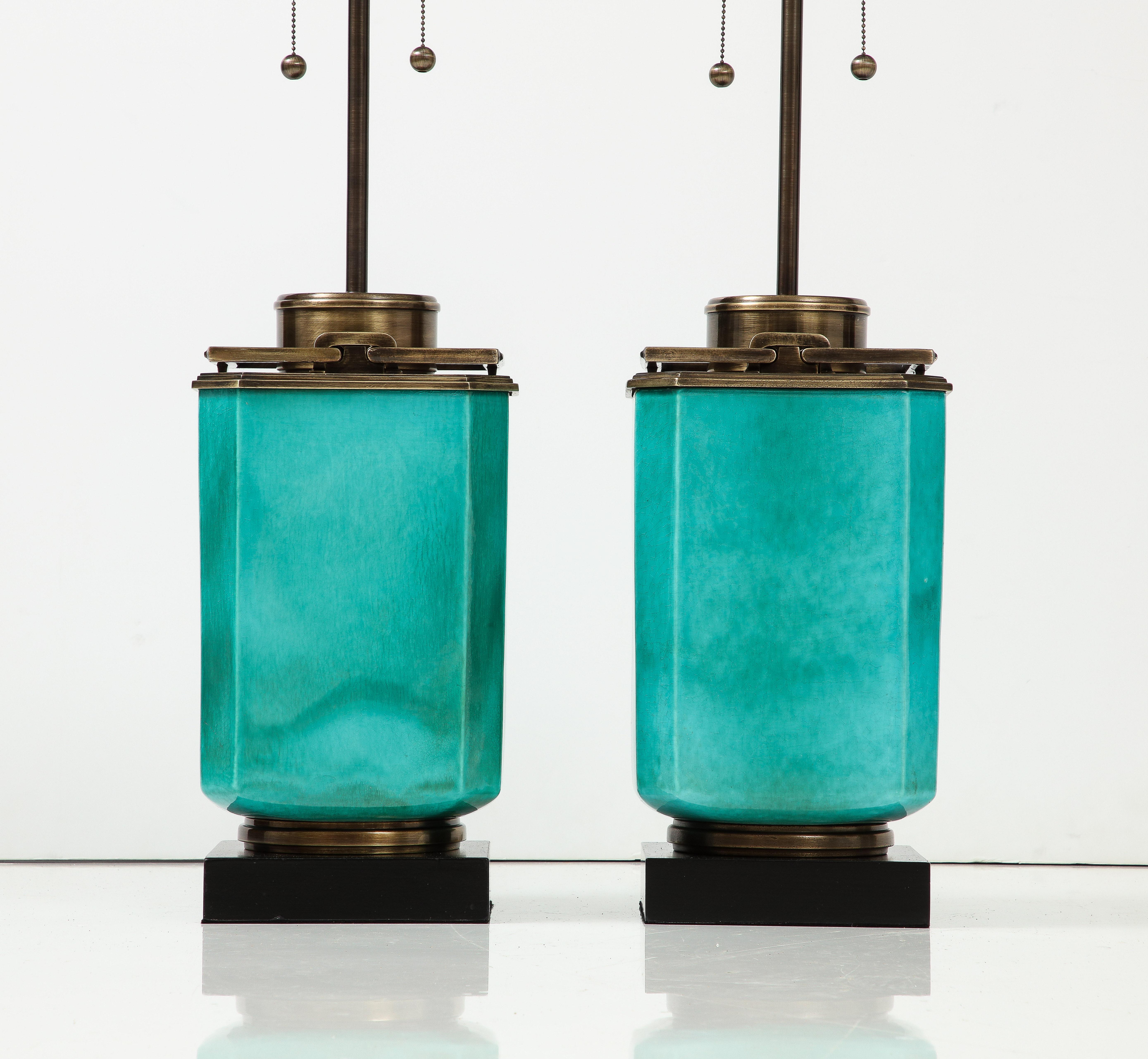 Mid-Century Large Jade Green Porcelain, Brass Lamps For Sale 1