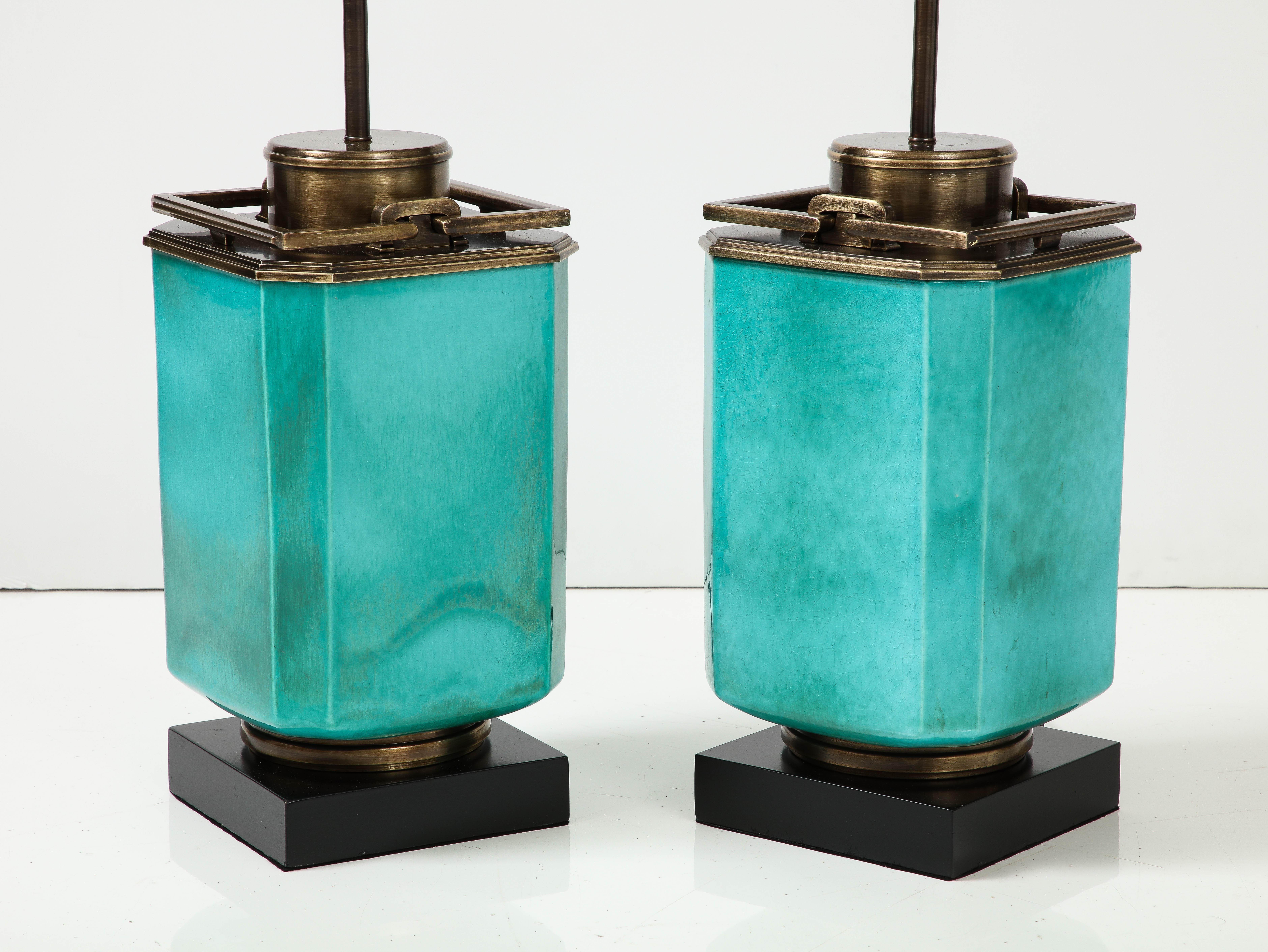 Mid-Century Large Jade Green Porcelain, Brass Lamps For Sale 3