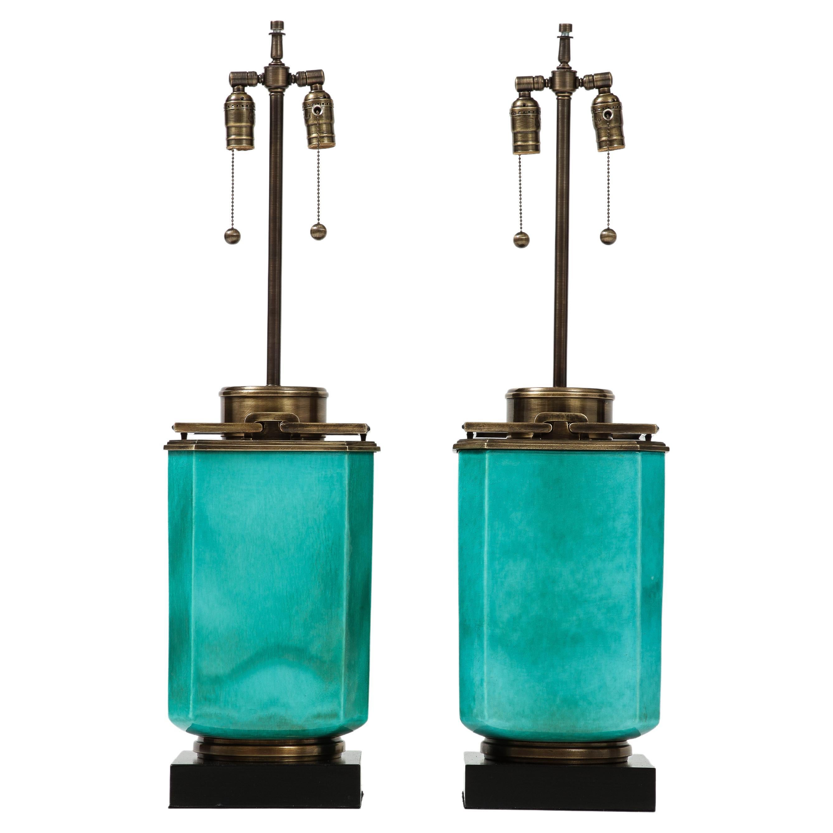 Mid-Century Large Jade Green Porcelain, Brass Lamps