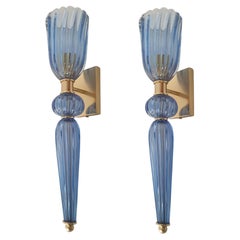 Mid Century Large Light Blue Murano Glass Sconces, Barovier Style, a Pair
