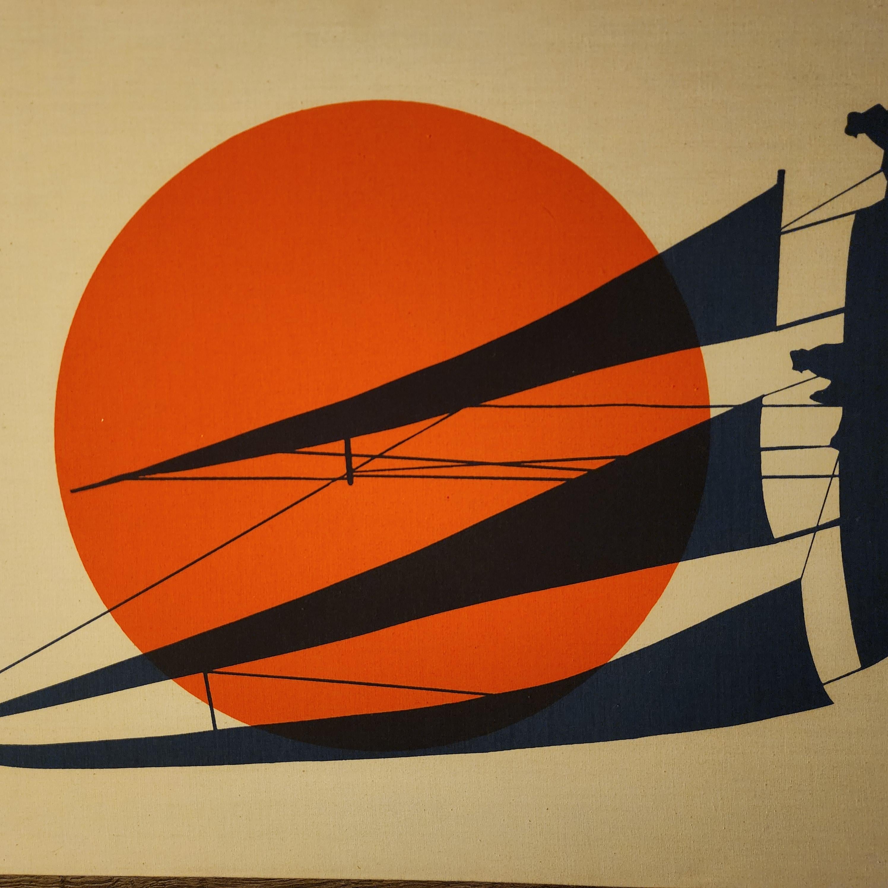 Mid-Century Large Maruska Sailboat print on fabric. In Good Condition For Sale In Bay City, MI