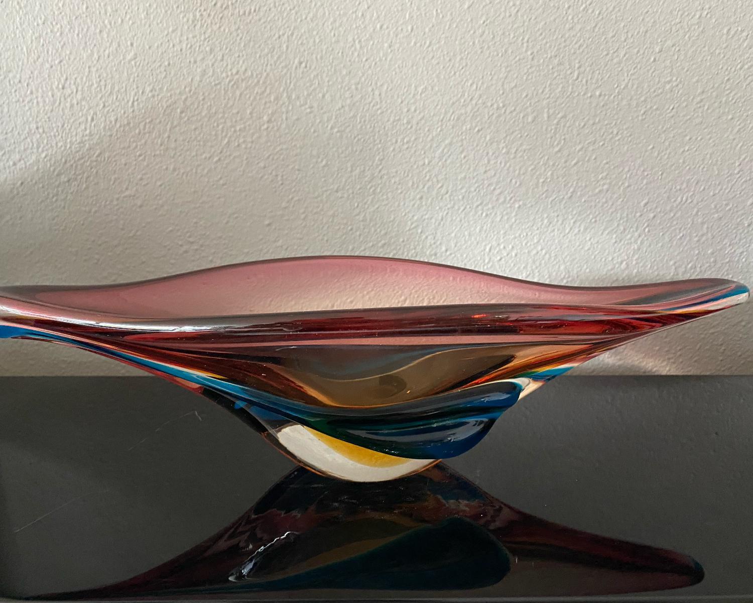 Stunning colored Murano glass fruit bowl in a beautiful shape.
