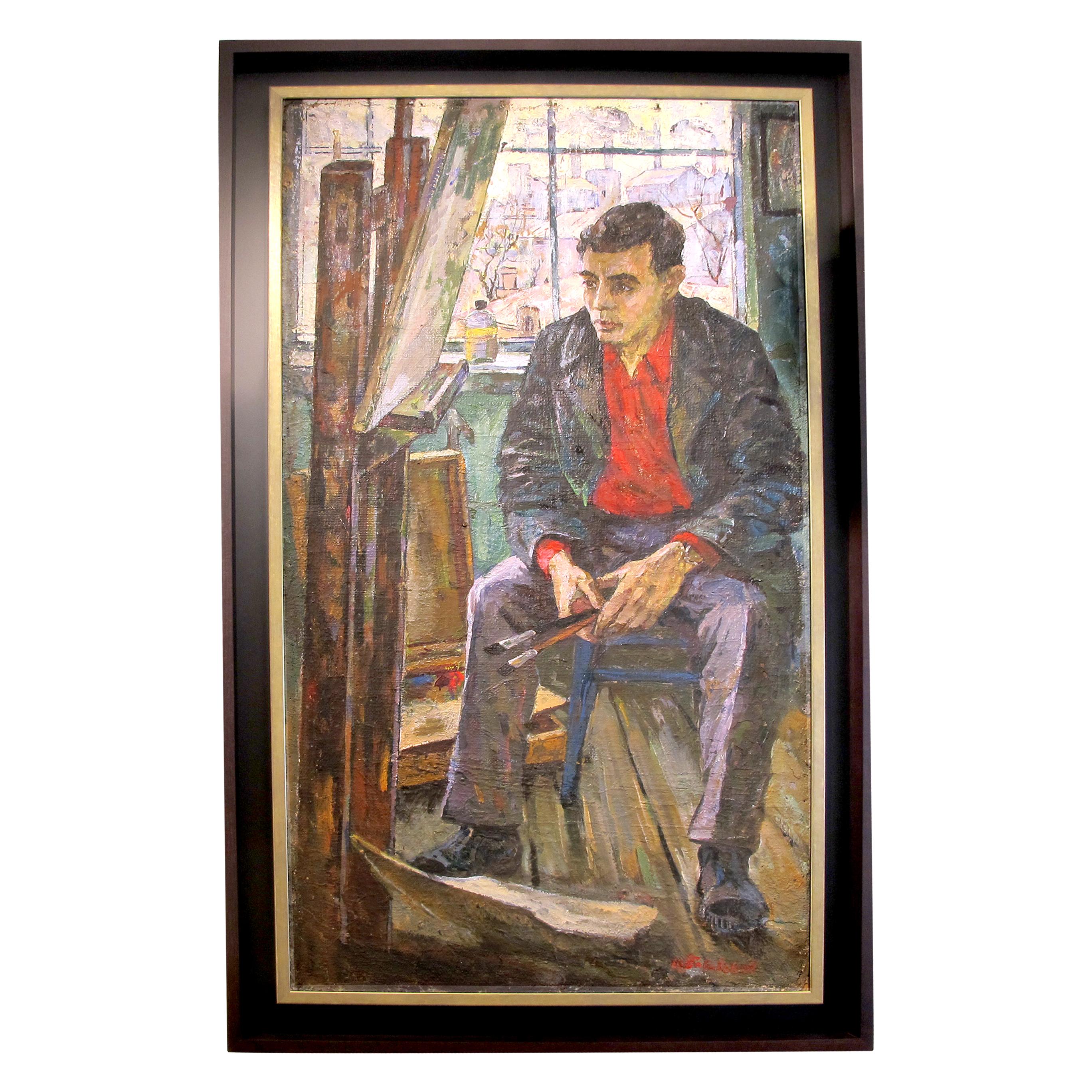 The focal point of the painting is the artist himself, sitting confidently before his Chevalet - an iconic wooden easel - as he diligently works on a new masterpiece. Dressed in a vibrant red shirt, the artist's presence effortlessly draws the