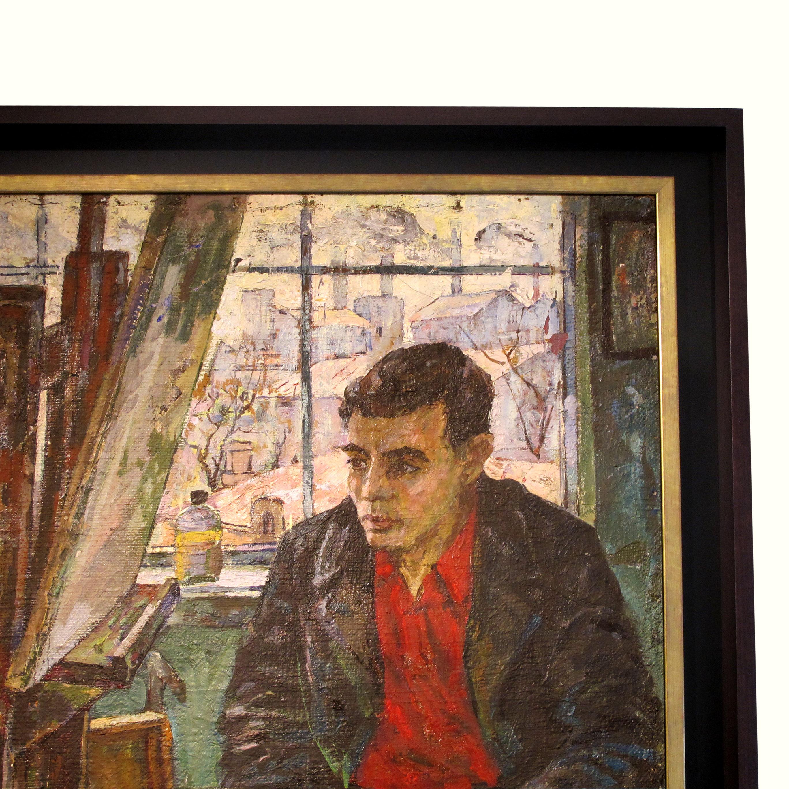 Mid-Century Modern Grande huile sur toile du milieu du siècle Self Portrait d'un artiste, européen en vente