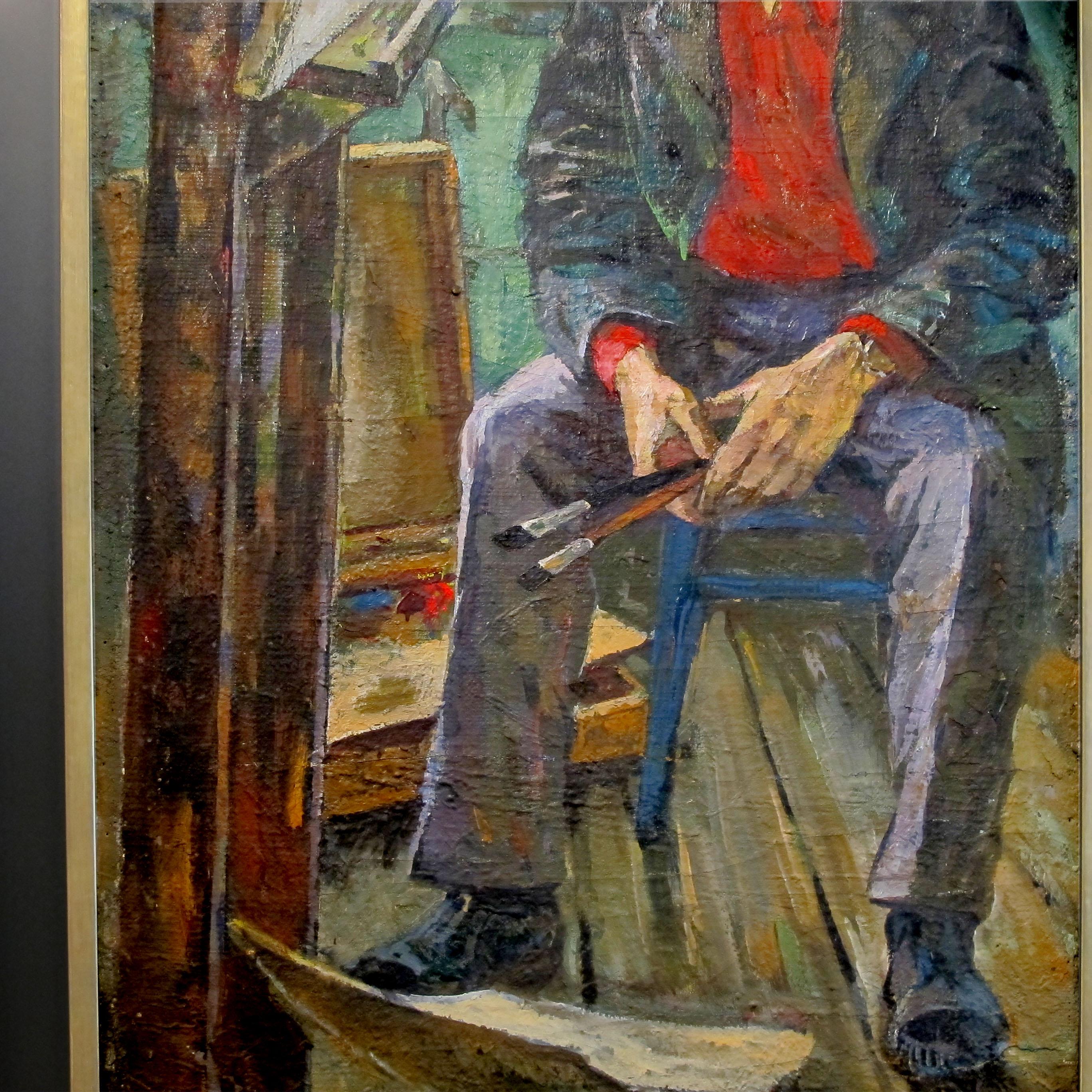 Mid-20th Century Mid-Century Large Oil on Canvas Self Portrait of An Artist, European For Sale