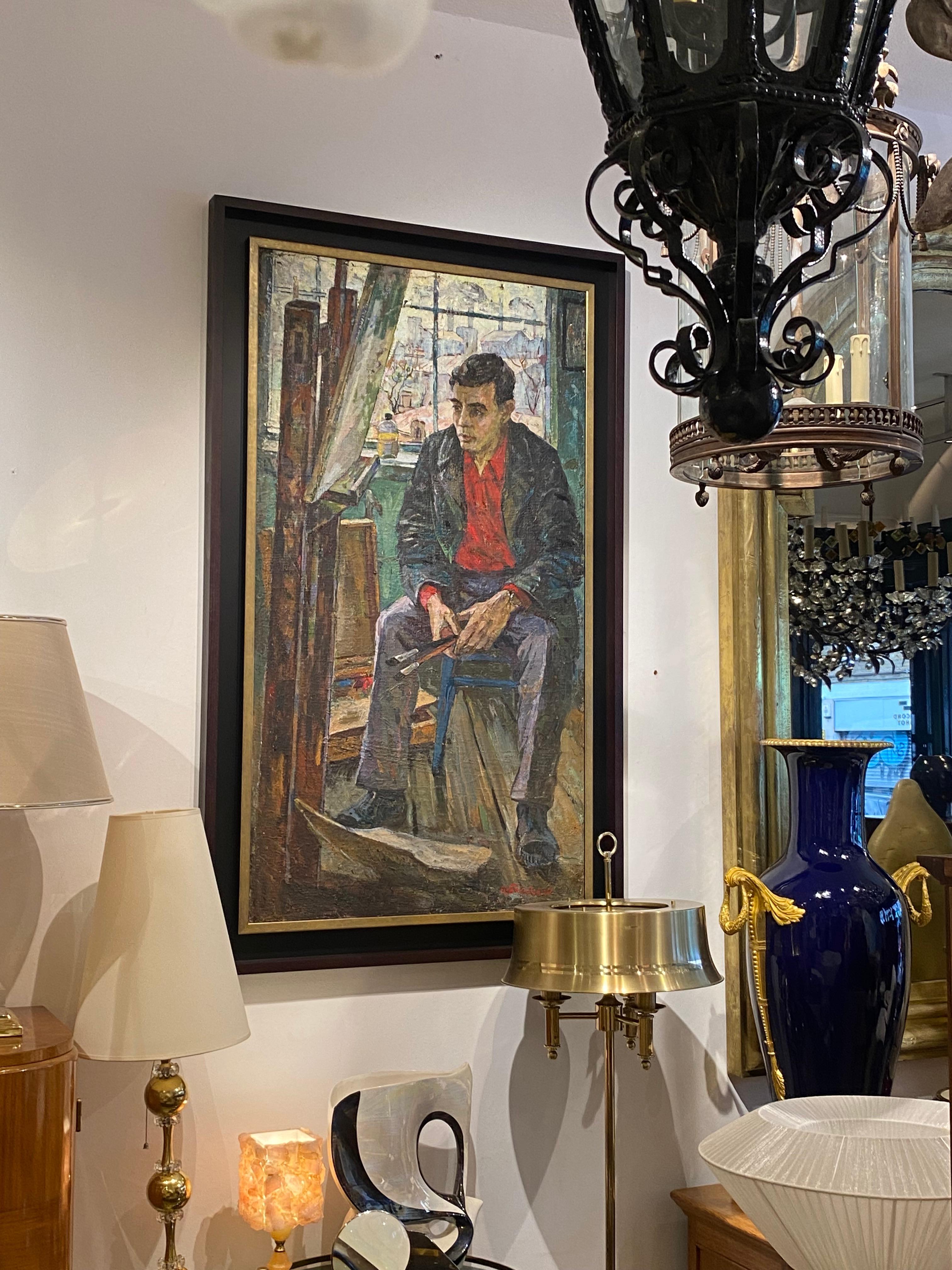 Milieu du XXe siècle Grande huile sur toile du milieu du siècle Self Portrait d'un artiste, européen en vente