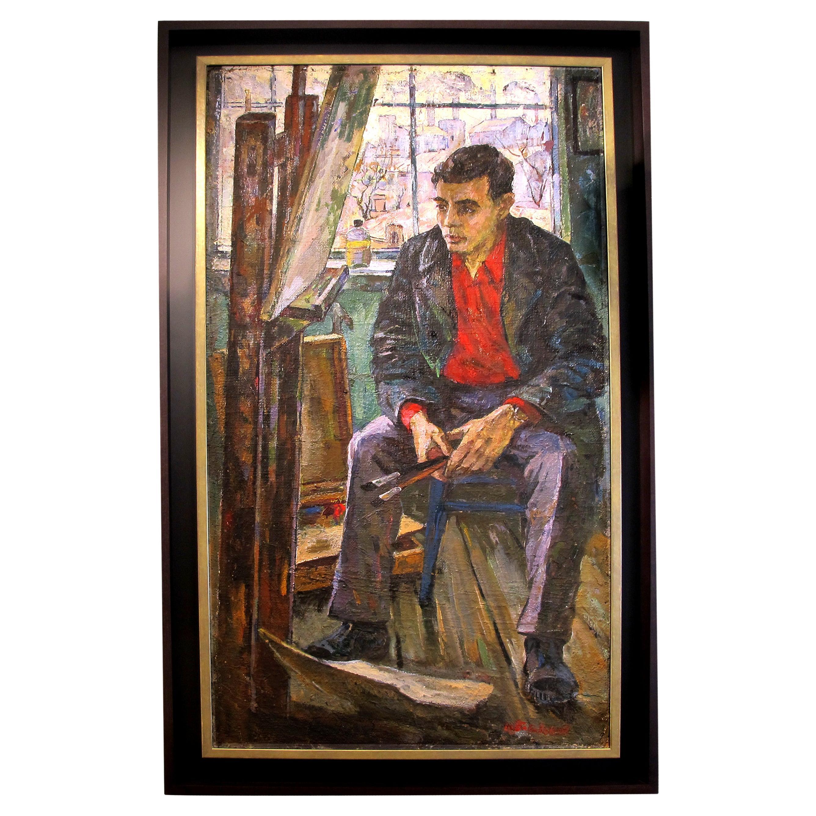 Mid-Century Large Oil on Canvas Self Portrait of An Artist, European For Sale