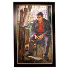 Mitte des Jahrhunderts Großes Öl auf Leinwand Self-Portrait eines Künstlers, europäisch