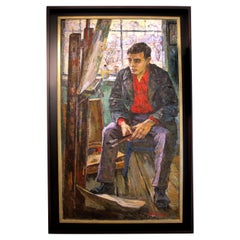 Used Mid-Century Large Oil on Canvas Self Portrait of An Artist, European