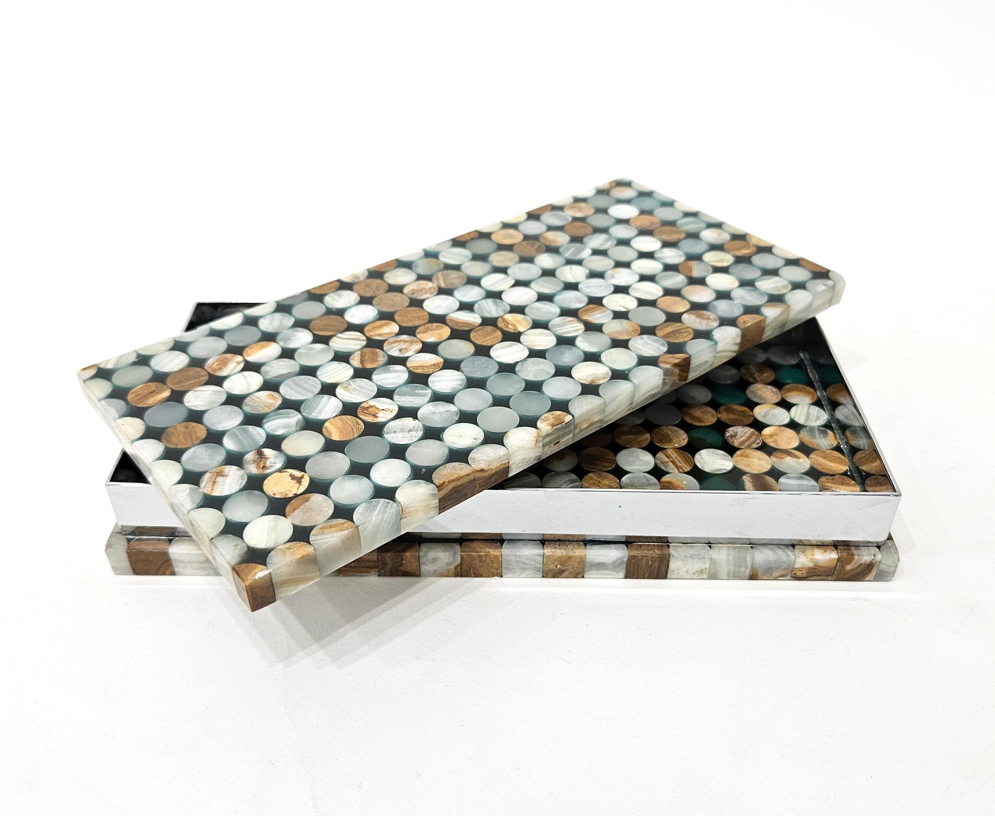 Caja grande de intarsia de piedra dura de ónice de mediados de siglo, italiana, c. 1970 Regencia de Hollywood en venta