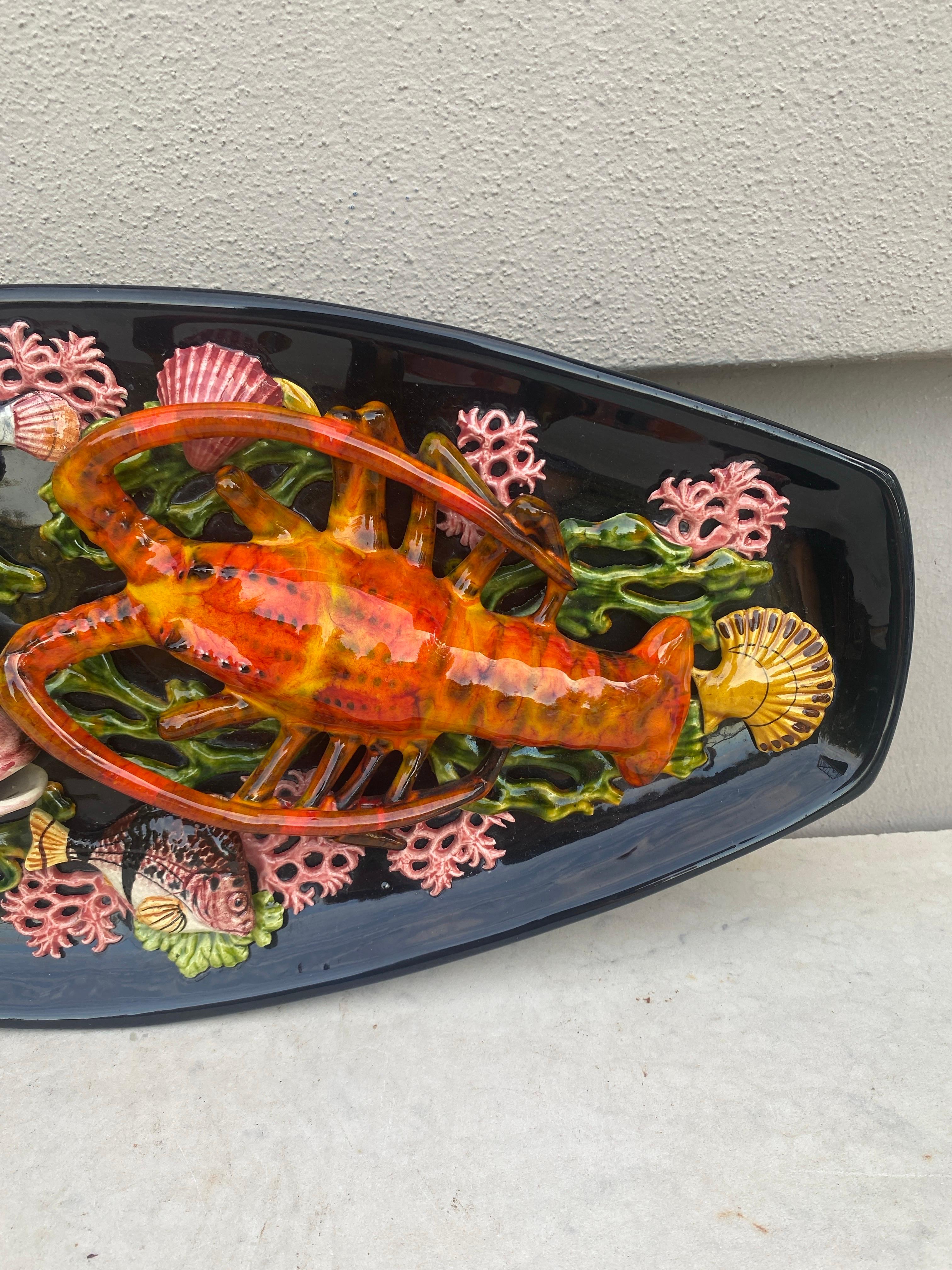 Mid-Century Modern Mid-Century Large Oval Majolica Palissy Fish & Lobster Platter Vallauris For Sale