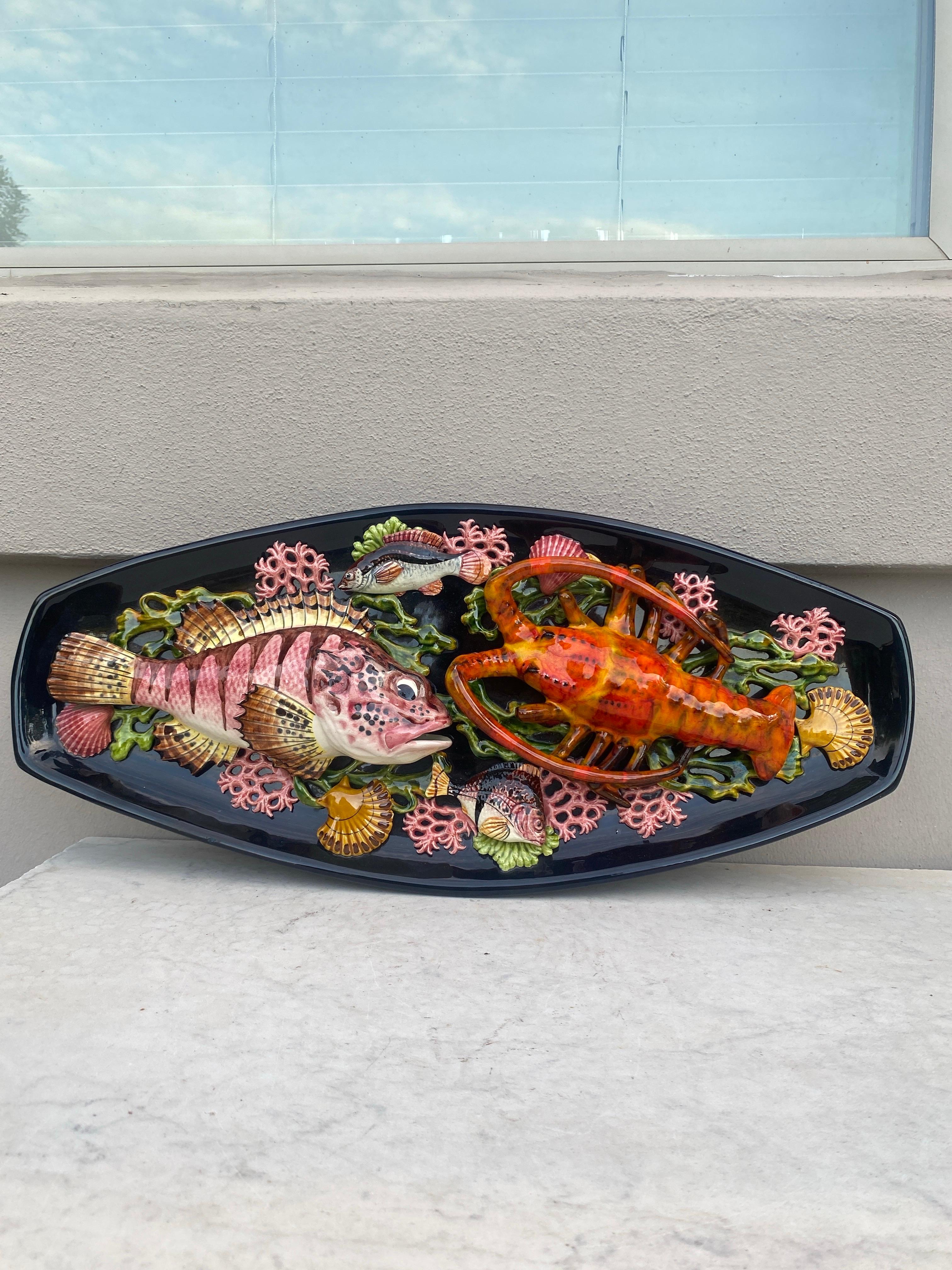 French Mid-Century Large Oval Majolica Palissy Fish & Lobster Platter Vallauris For Sale