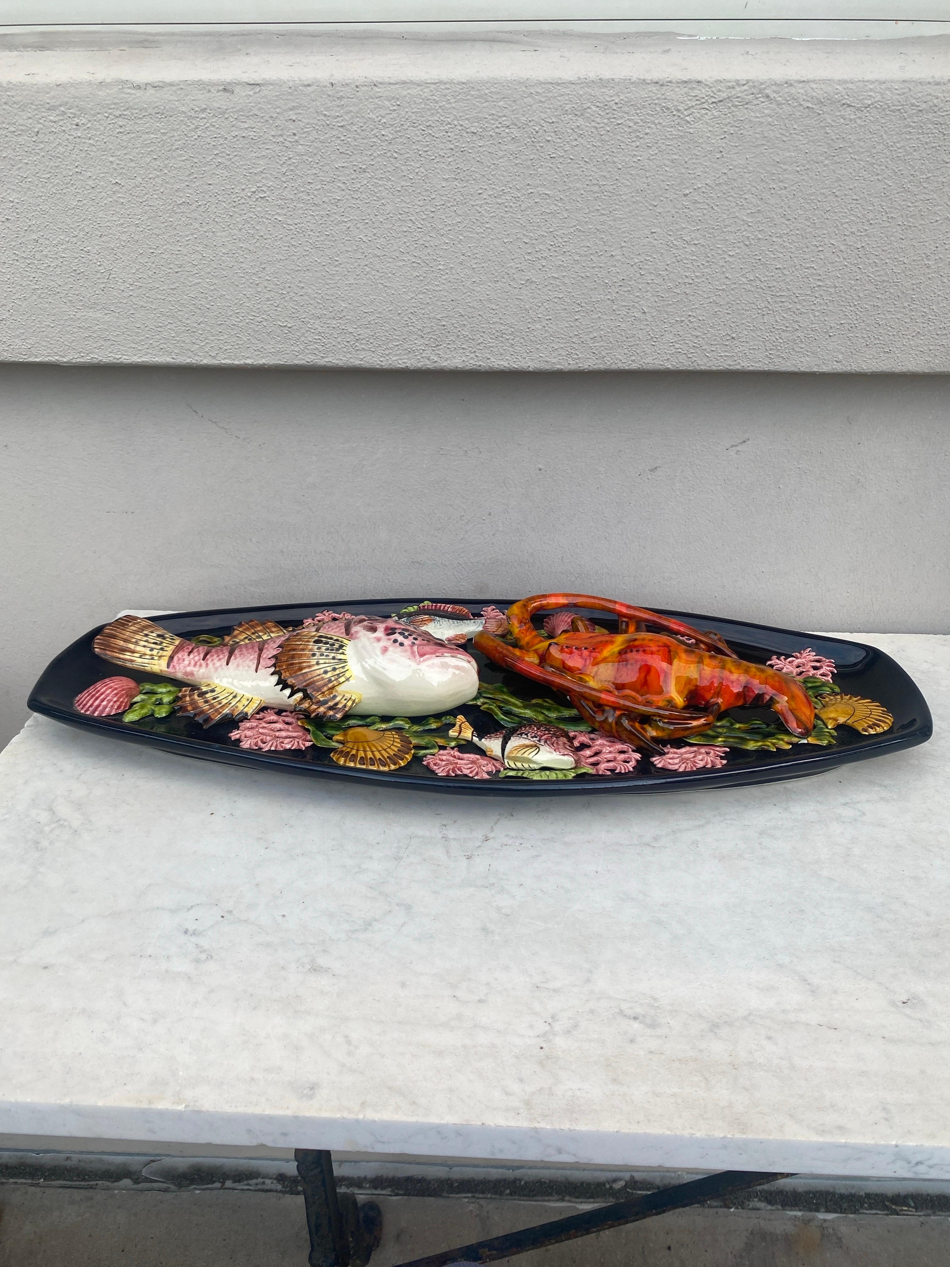 Mid-Century Large Oval Majolica Palissy Fish & Lobster Platter Vallauris In Good Condition For Sale In Austin, TX