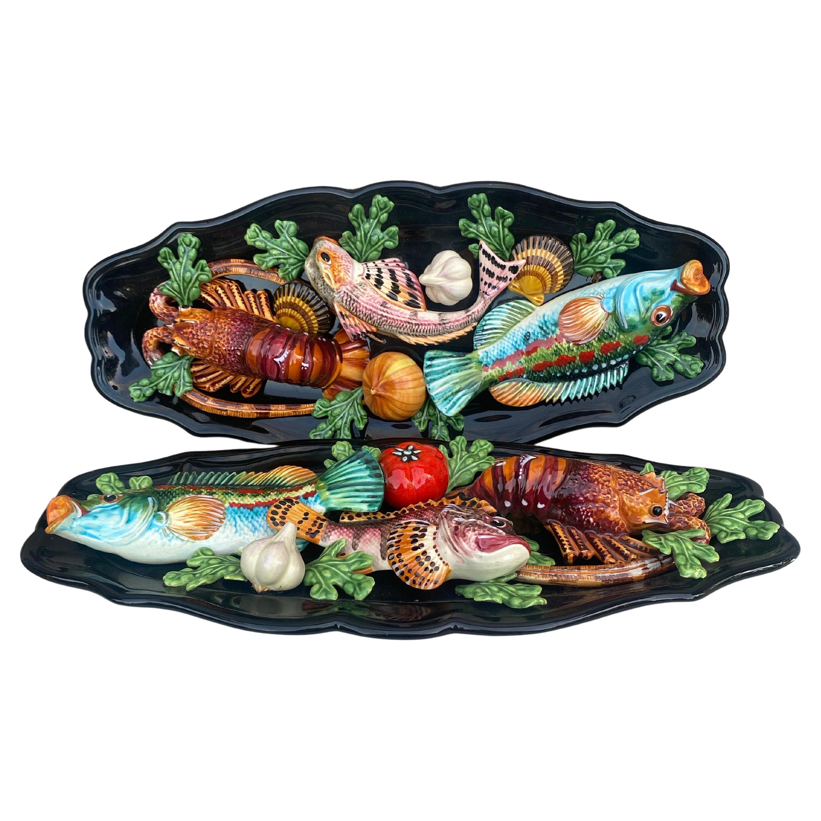 Ceramic Mid-Century Large Oval Majolica Palissy Fish & Lobster Platter Vallauris For Sale