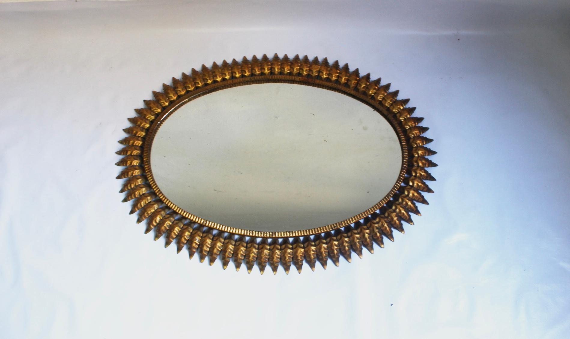 Midcentury Large Oval Sunburst Floral Brass Wall Mirror, 1950s For Sale 2