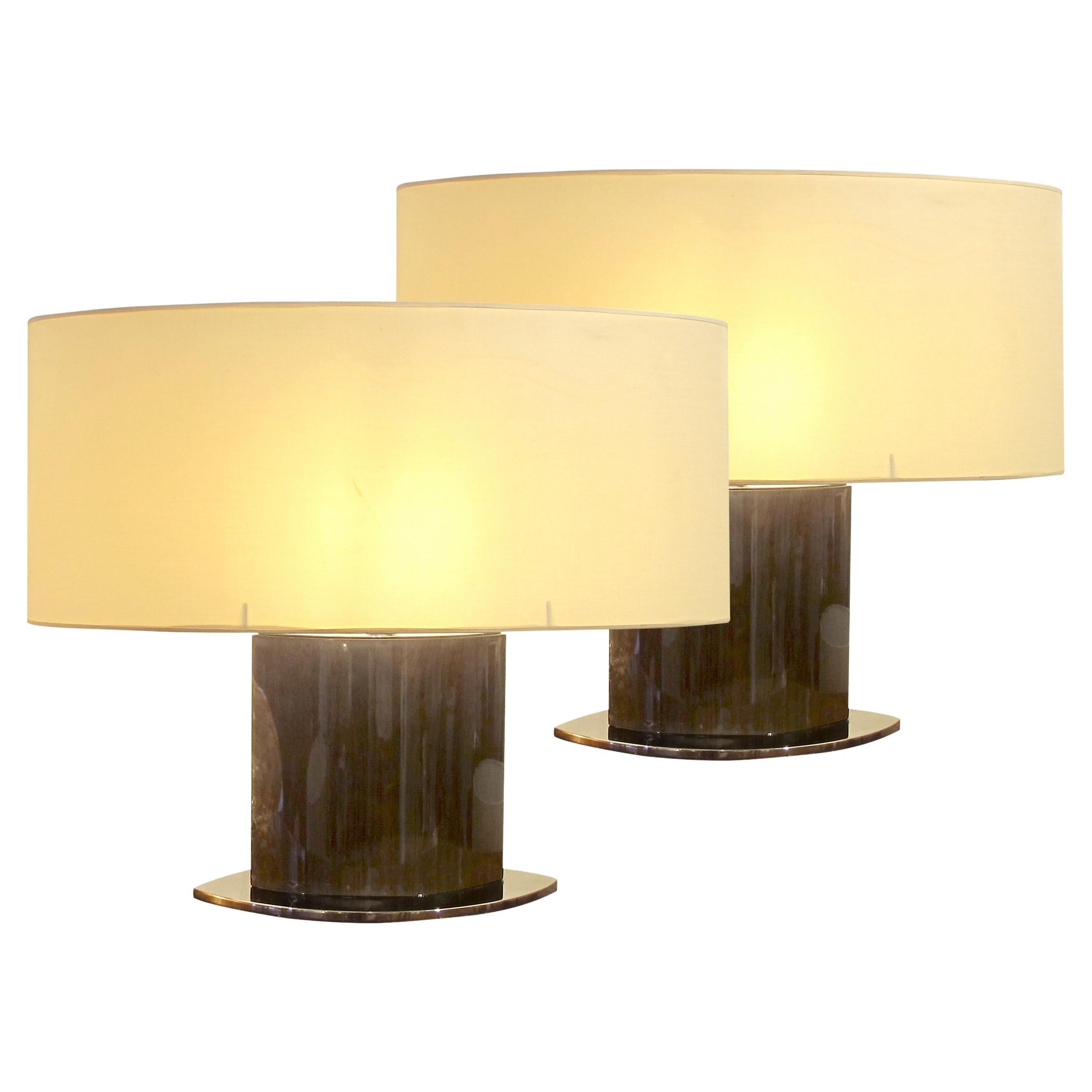 Mid-century Large Pair of Tables Lamps with Oval Lampshades, Italian